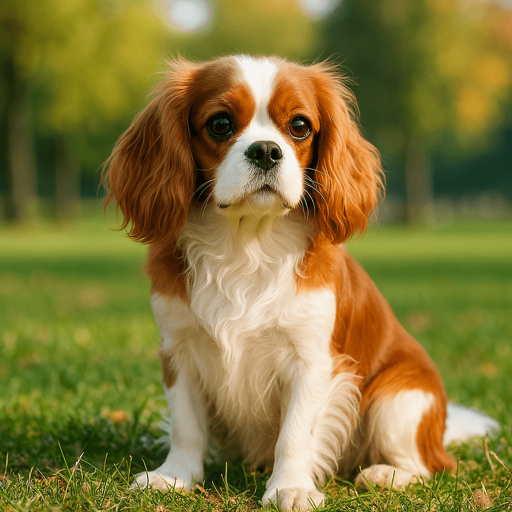 Cavalier King Charles Spaniel sitting on grass in a sunny park