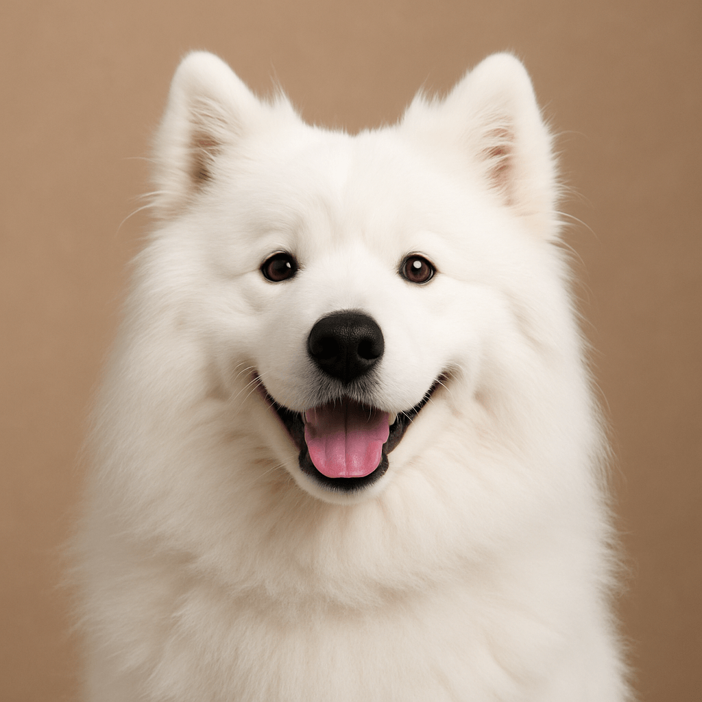 Happy fluffy white dog with open mouth on beige background, pet portrait