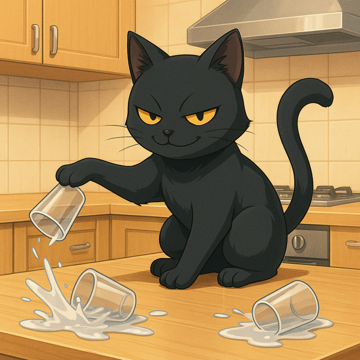 Black cat with yellow eyes knocking over glasses on a kitchen counter, spilling water.