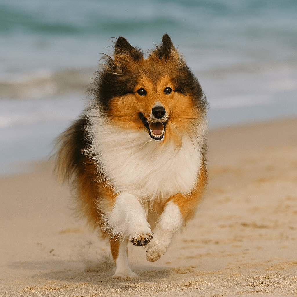 Happy Sheltie dog running on sandy beach with ocean waves in background