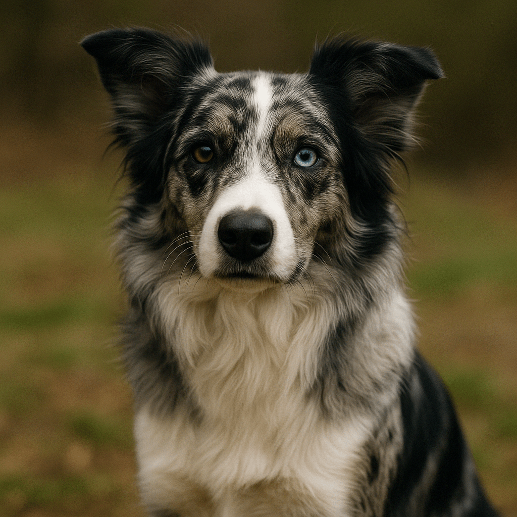 Merle Border Collie with blue and brown eyes outdoors, premium dog breed portrait