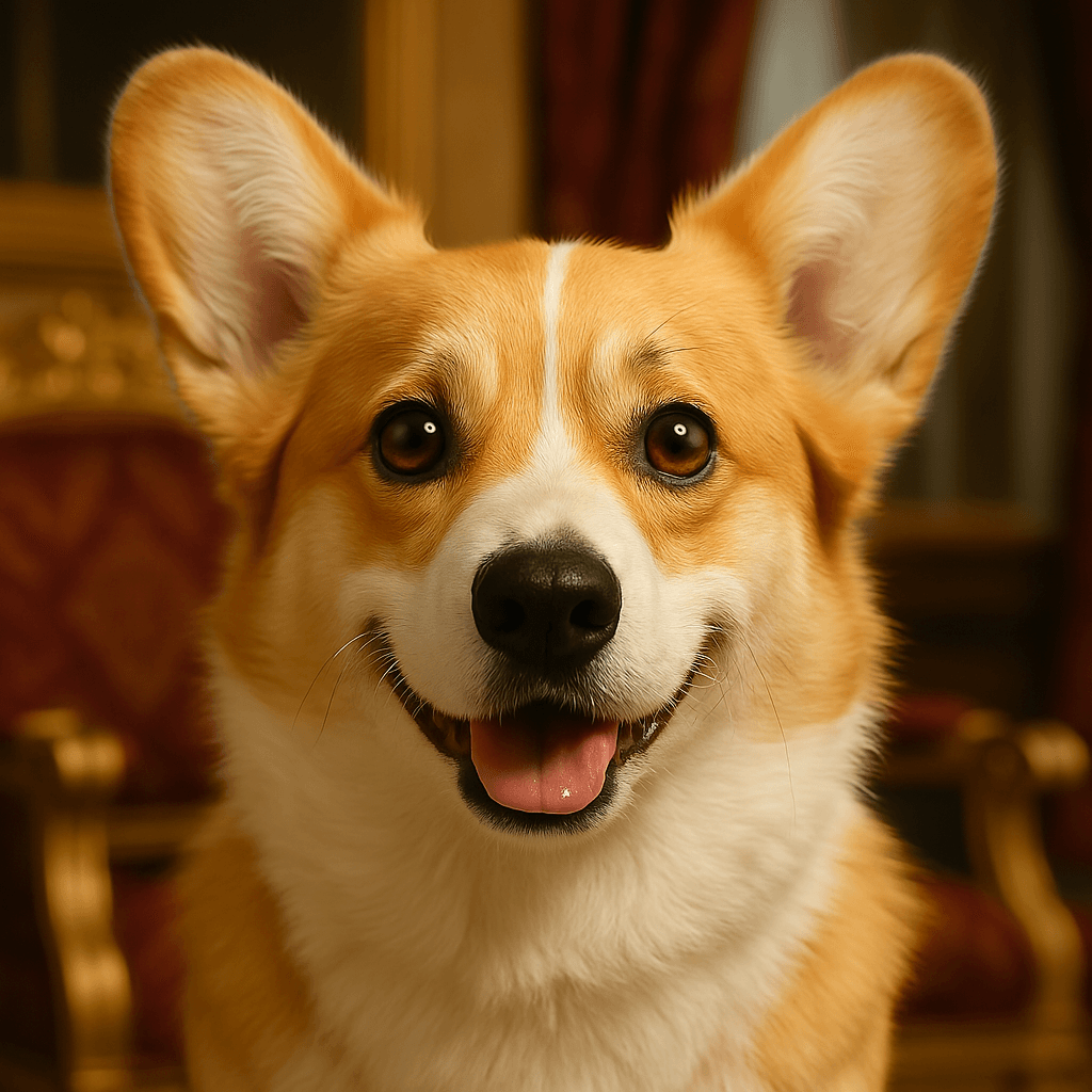 Happy Corgi dog sitting indoors on an ornate red chair, luxury pet lifestyle.