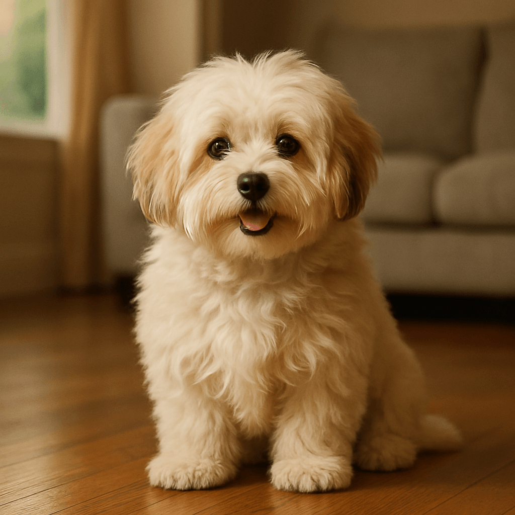 Cute fluffy small dog sitting on wooden floor in cozy living room