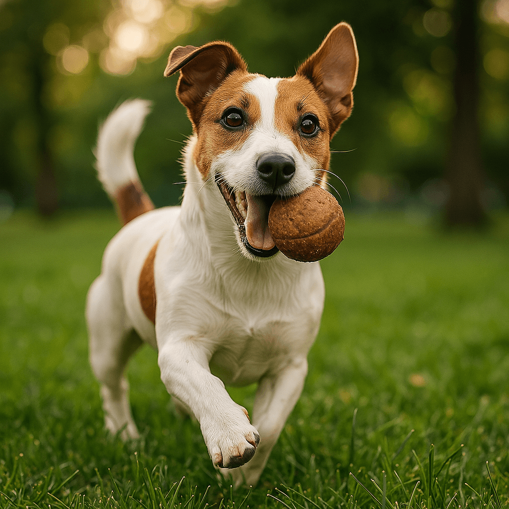Jack Russell Terrier running on grass with a ball in its mouth outdoors