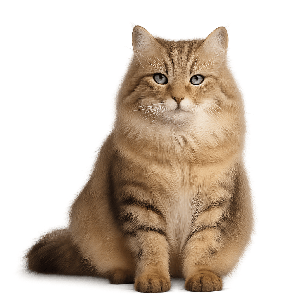 Siberian cat with fluffy fur sitting, isolated on white background, pet accessories context