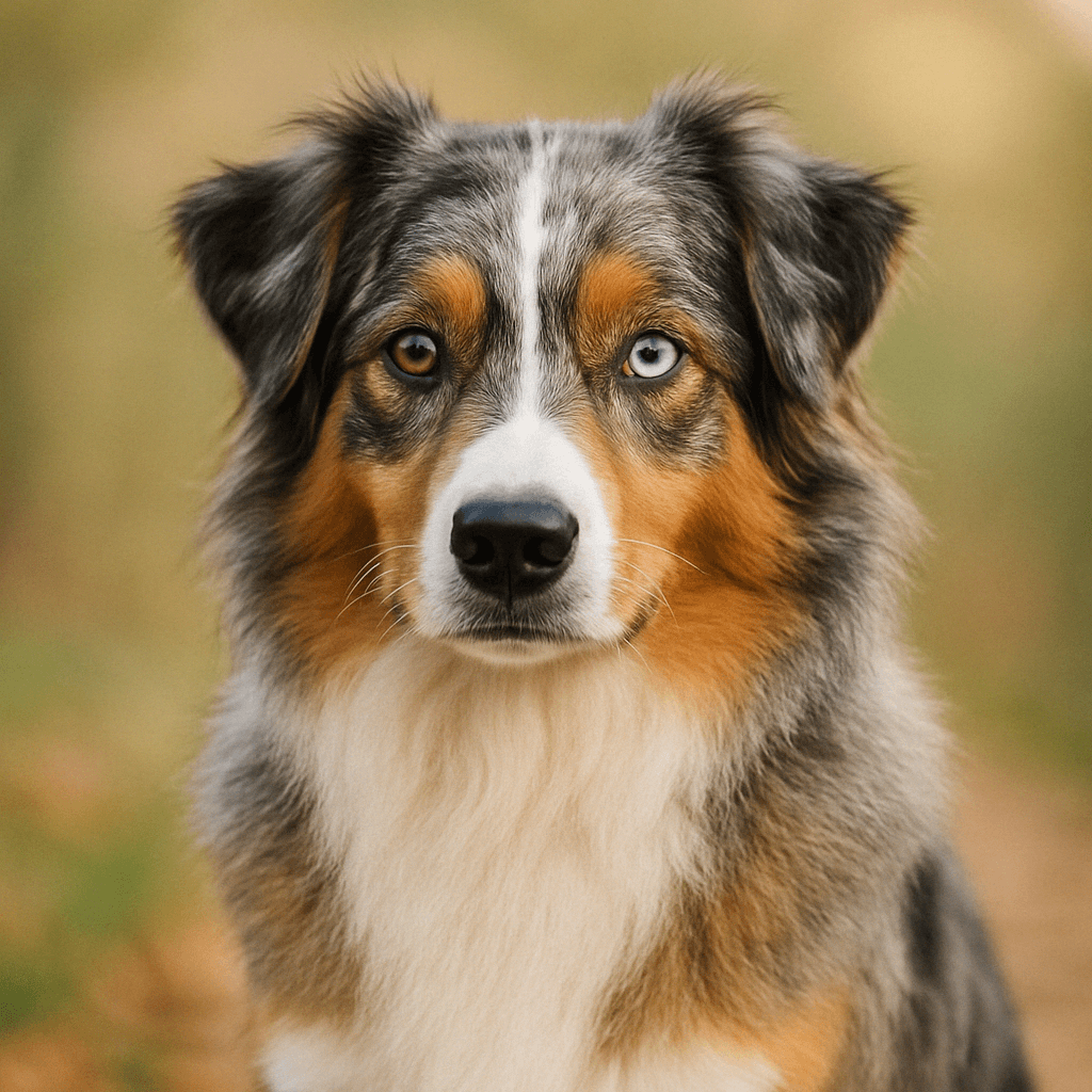 Australian Shepherd dog with merle coat and heterochromia eyes outdoors