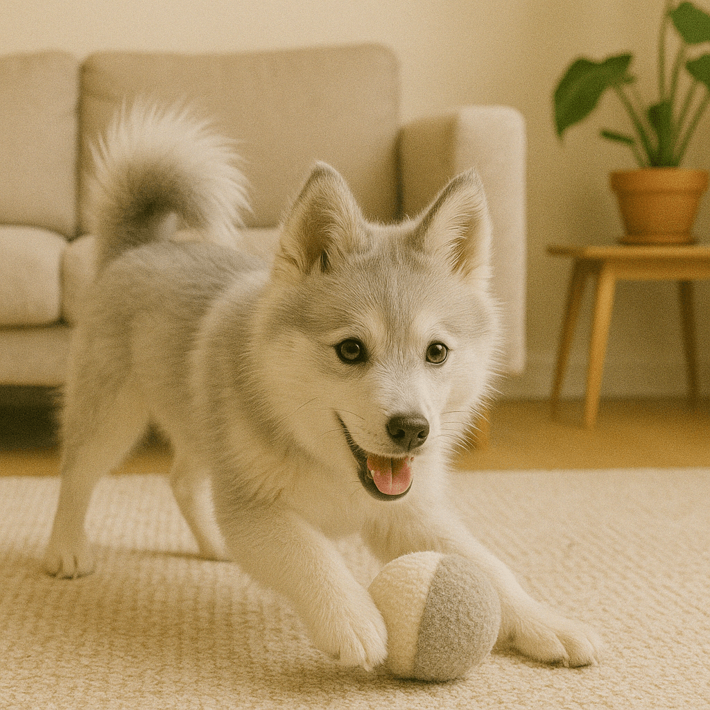 Fluffy gray and white dog playing with a ball on a carpet in a cozy living room