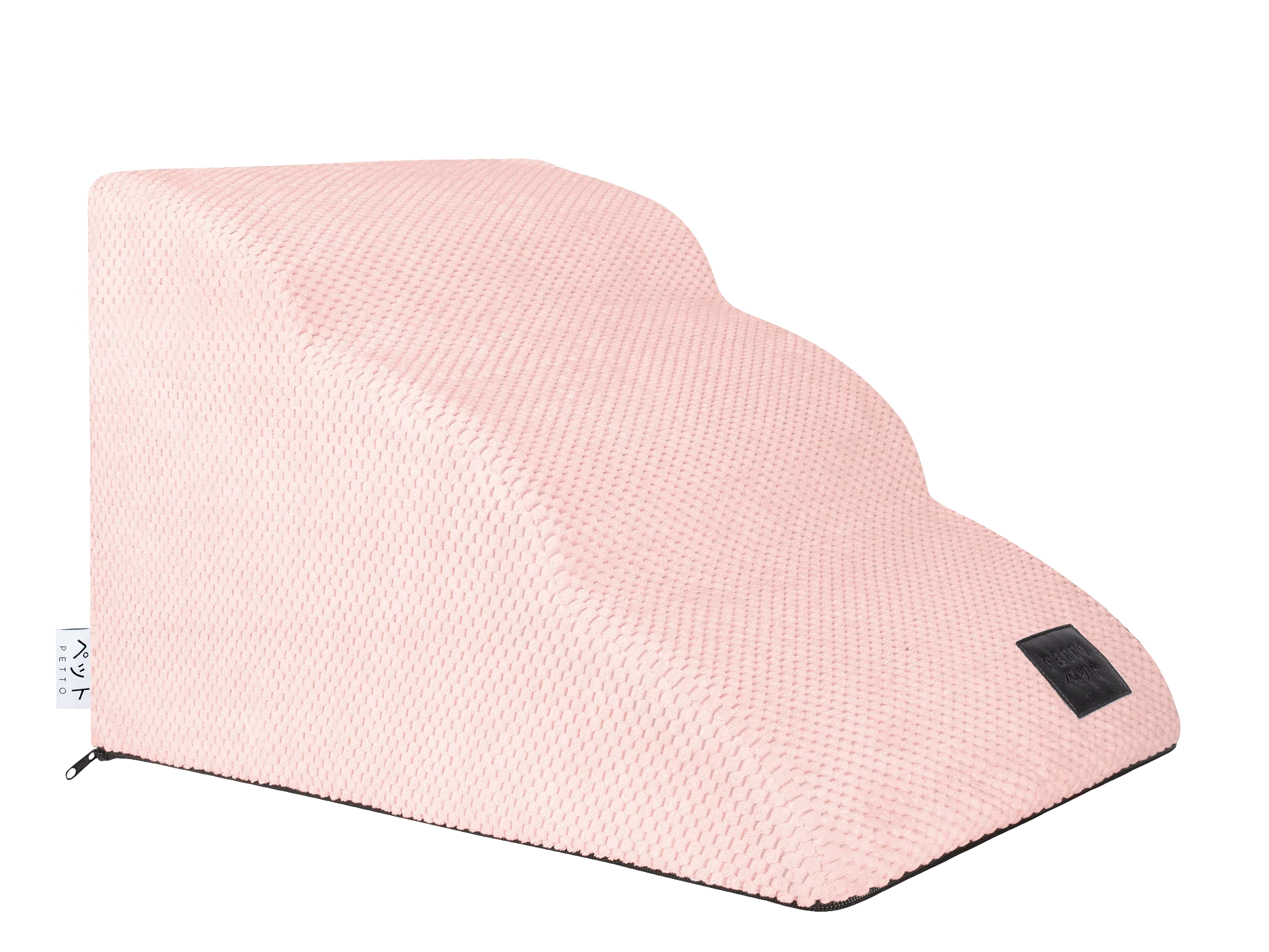 Pink textured pet stairs for dogs or cats, plush design with two steps, side label visible