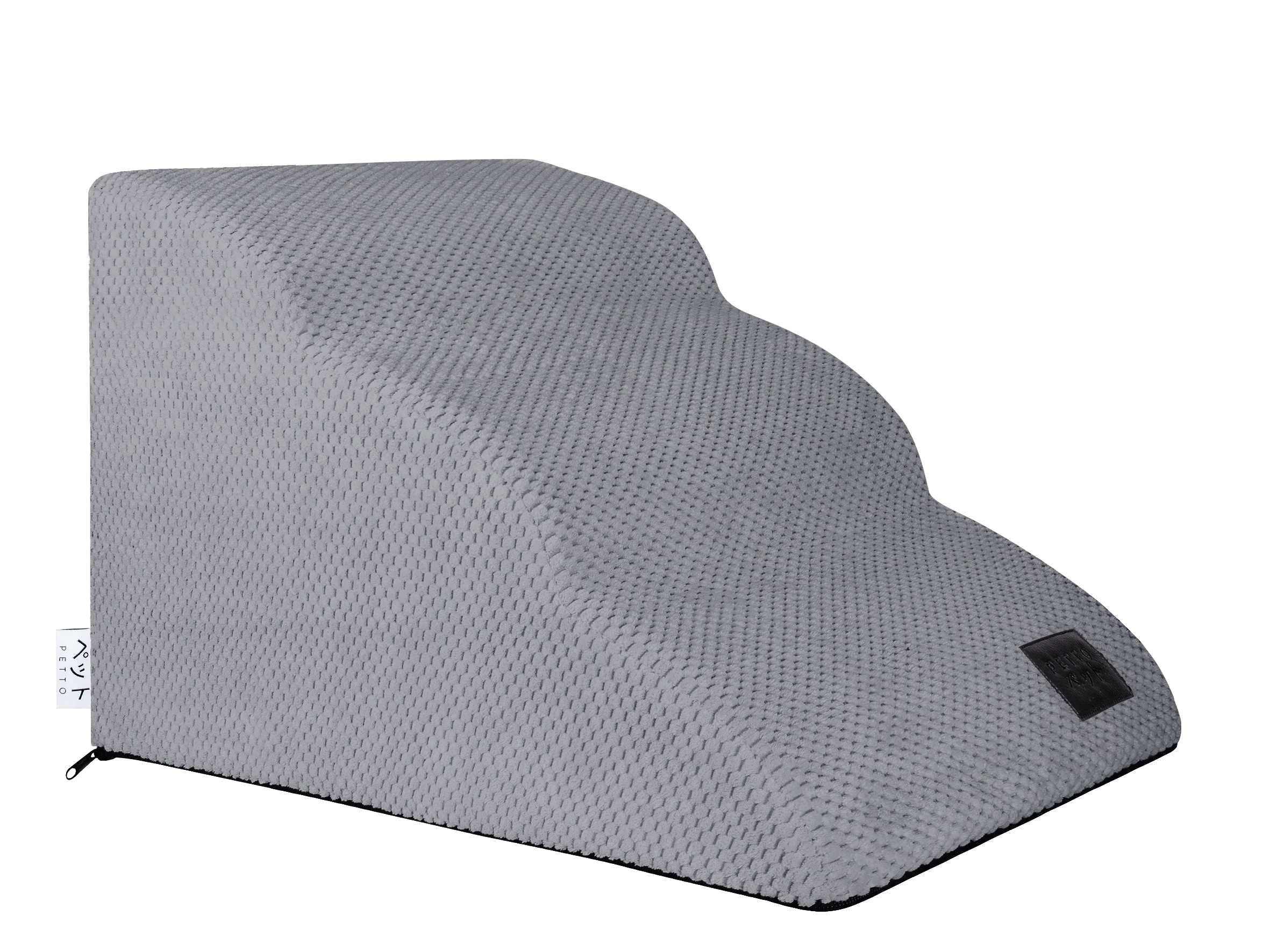 Gray pet stairs with textured fabric, ergonomic three-step design for cats and dogs