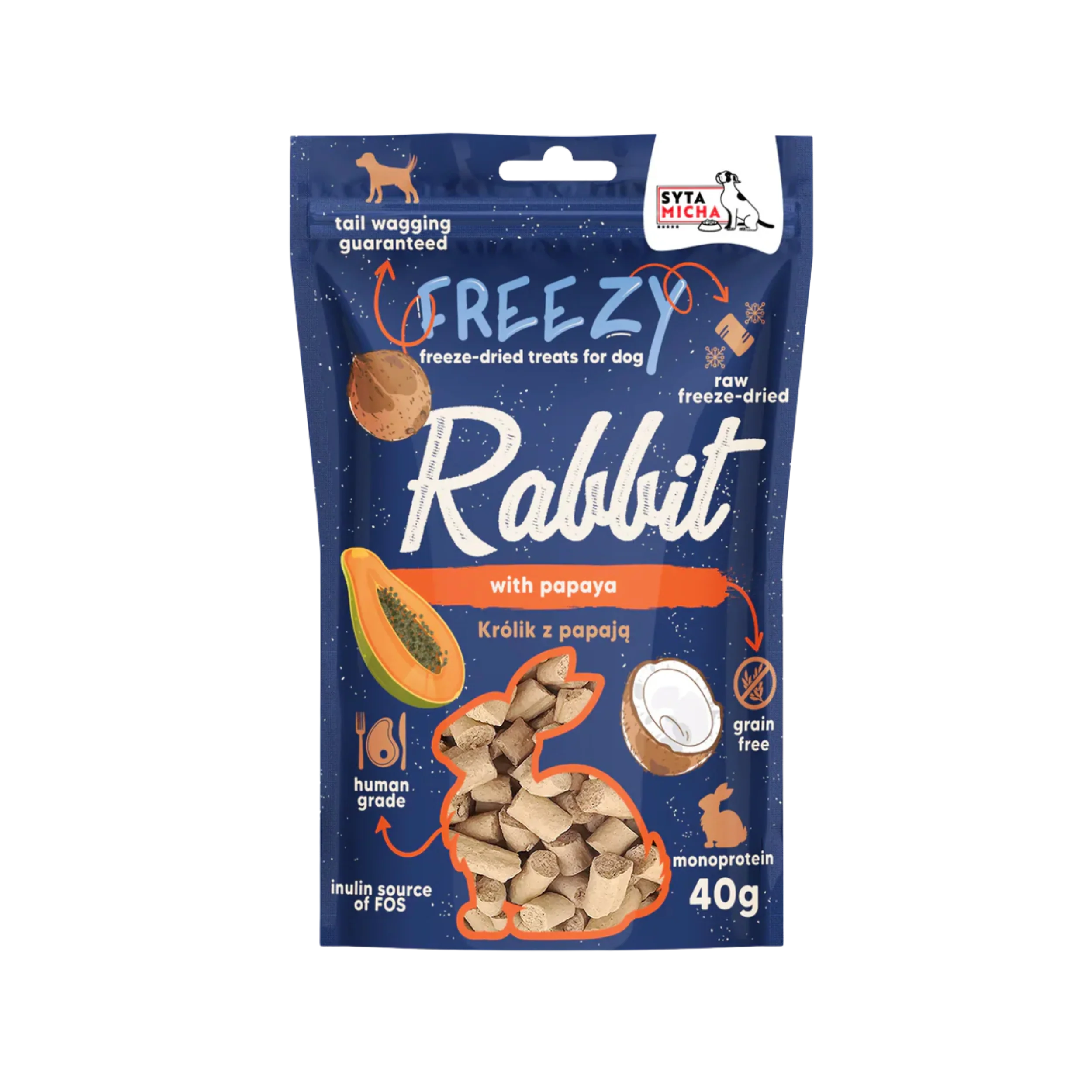 Syta Micha FREEZY Liofilizowane przysmaki dla psa Królik z papają 40g
