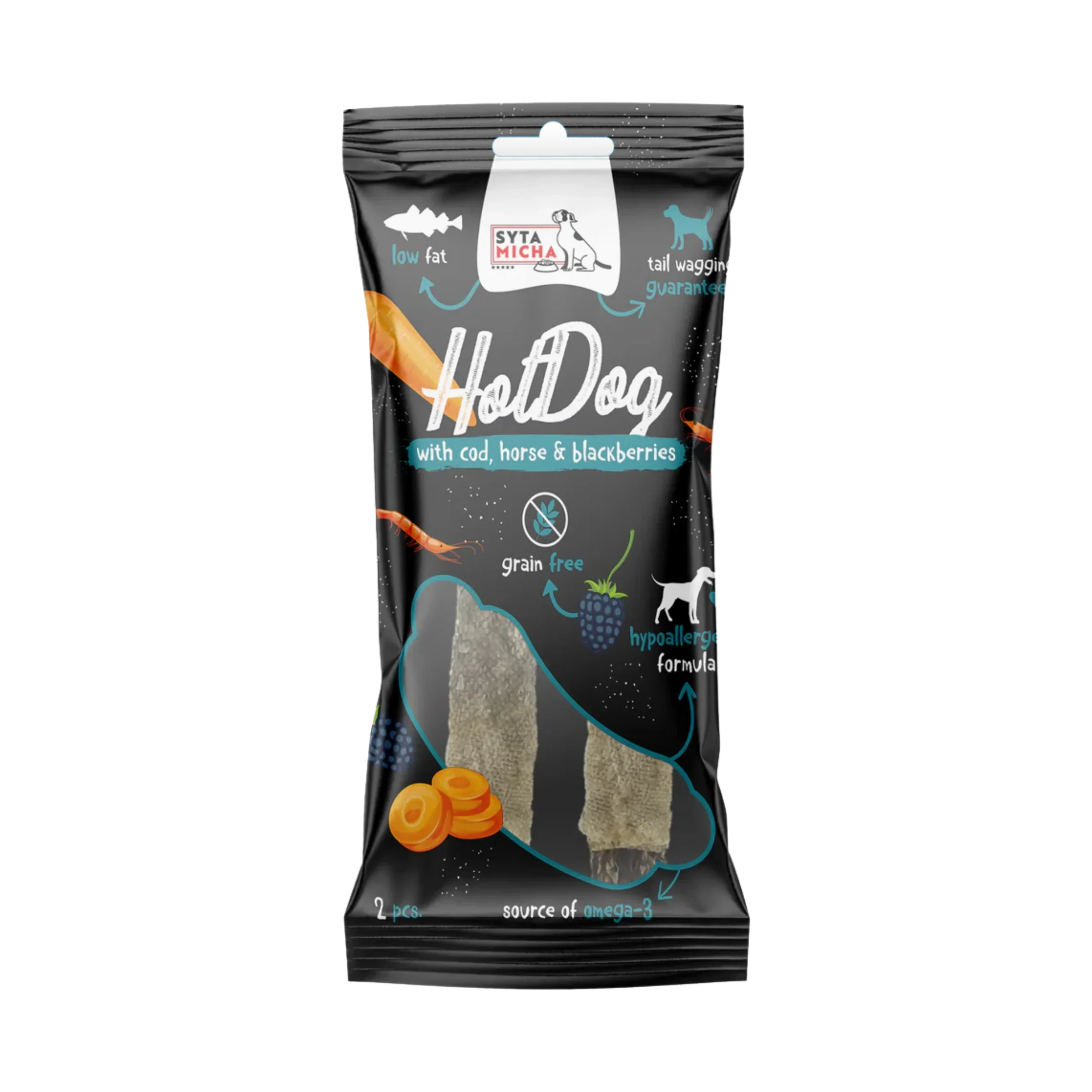 Dog treat HotDog with cod, horse and blackberries, grain free, hypoallergenic, source of omega-3.