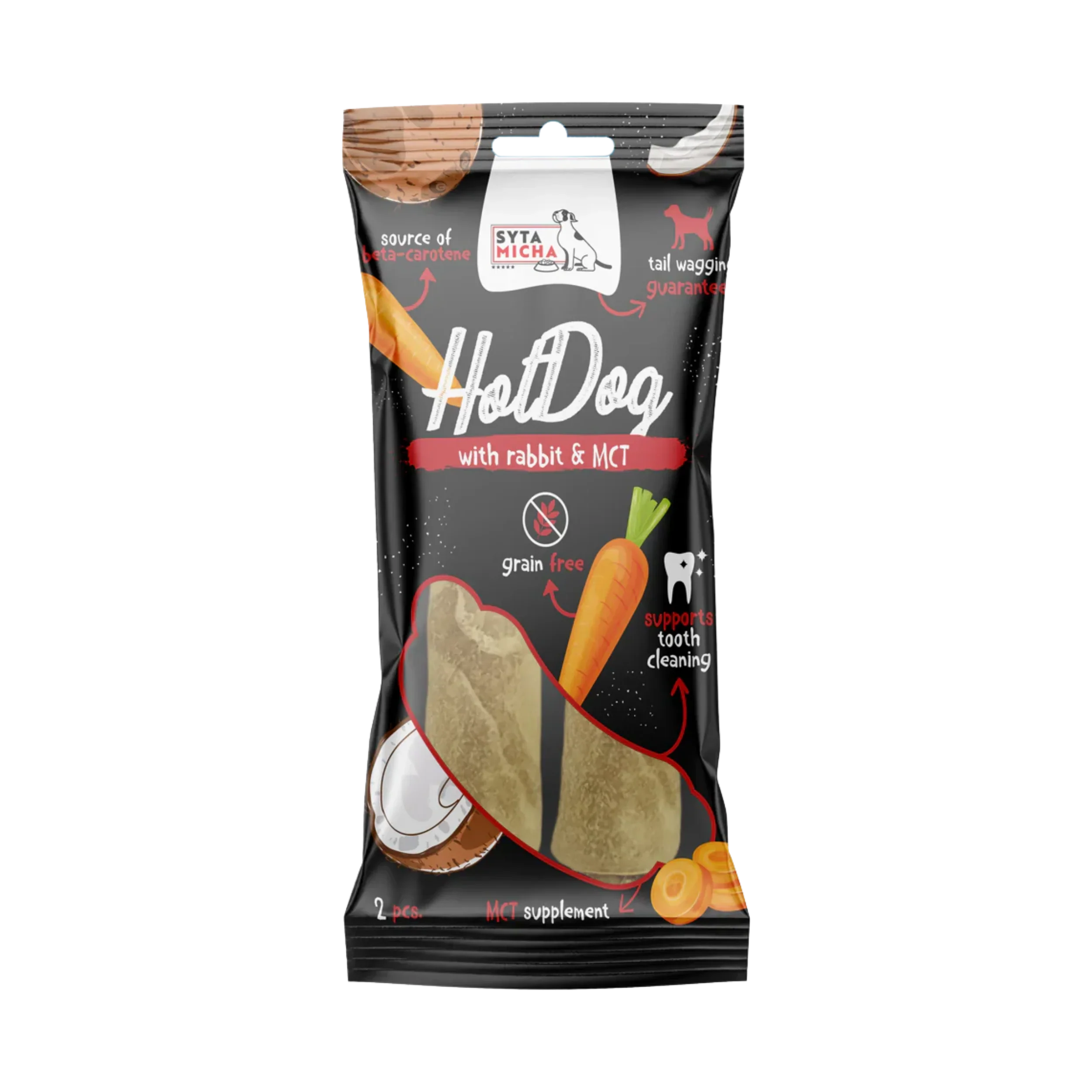 Grain-free dog treat hot dog with rabbit and MCT, carrot and coconut, tooth cleaning support.