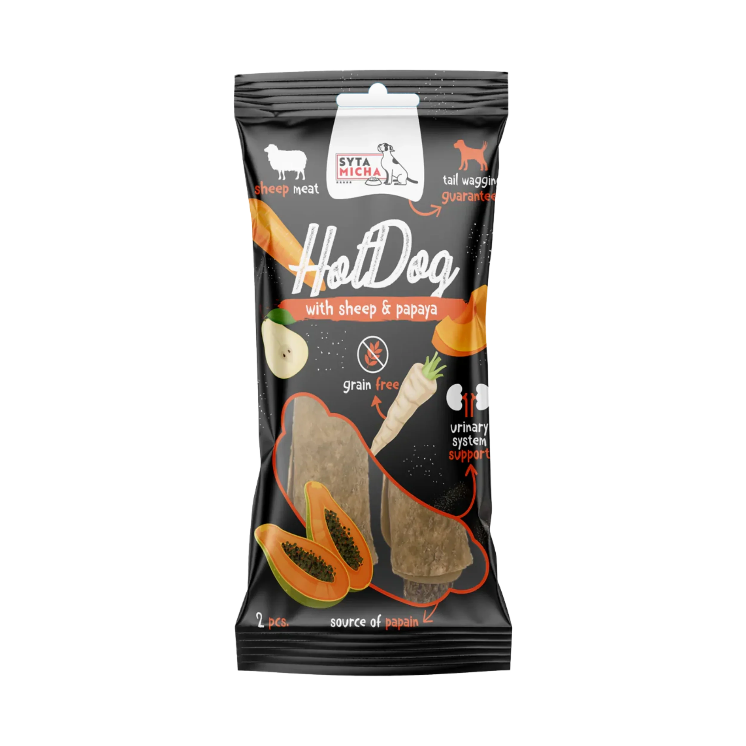 Dog snack packaging, HotDog with sheep meat and papaya, grain free, urinary support