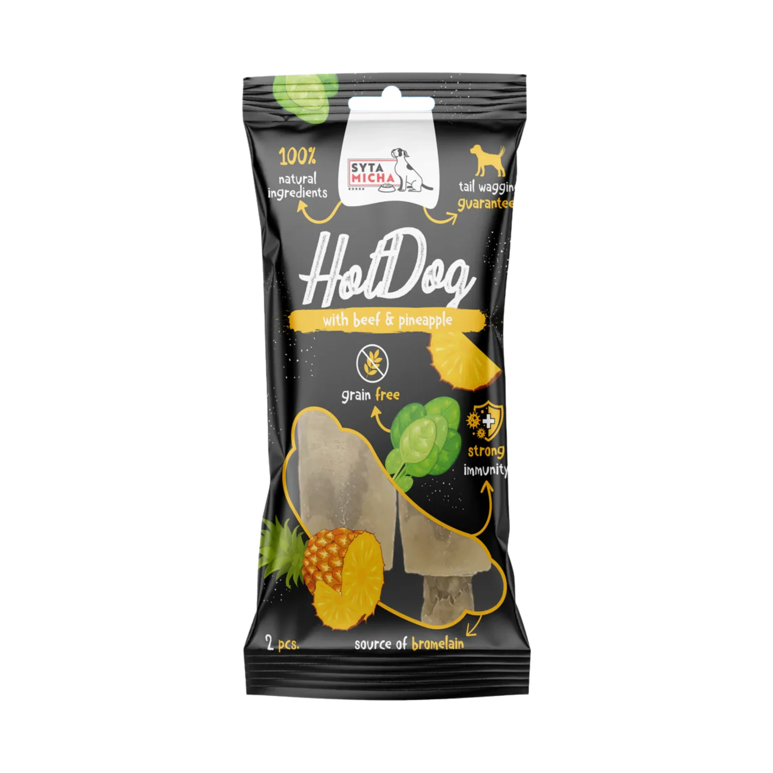 Dog treat packaging with beef and pineapple flavor, natural ingredients, and grain free.