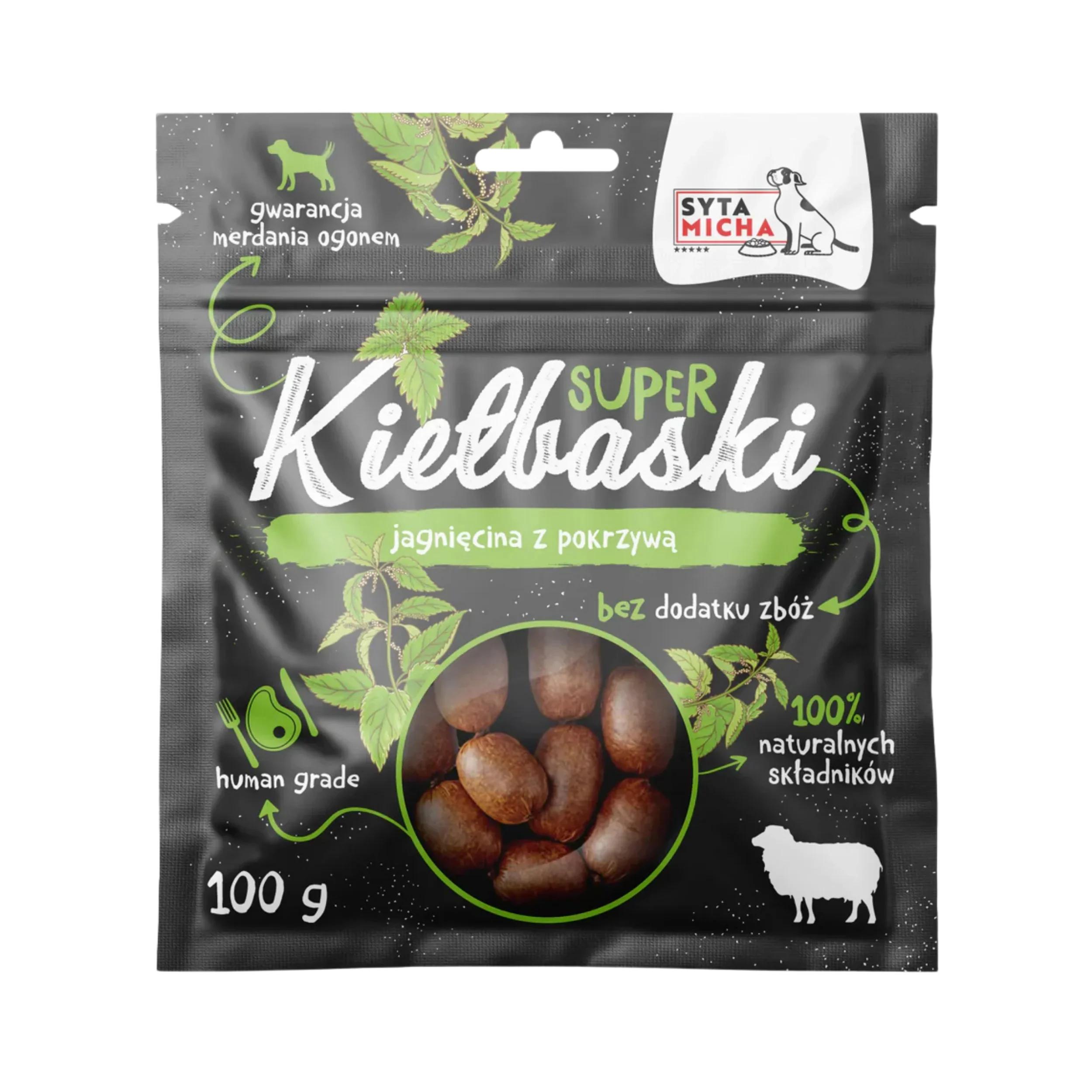 Super Kiełbaski lamb with nettle dog treats, grain-free, 100g, natural ingredients.