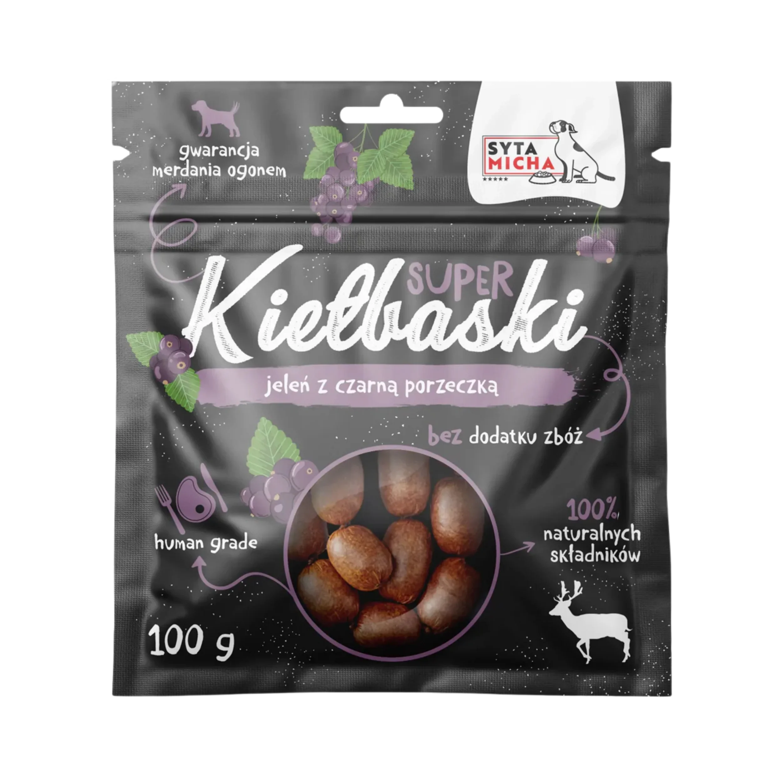 Dog treat packaging with venison and blackcurrant, grain-free, natural ingredients, 100g