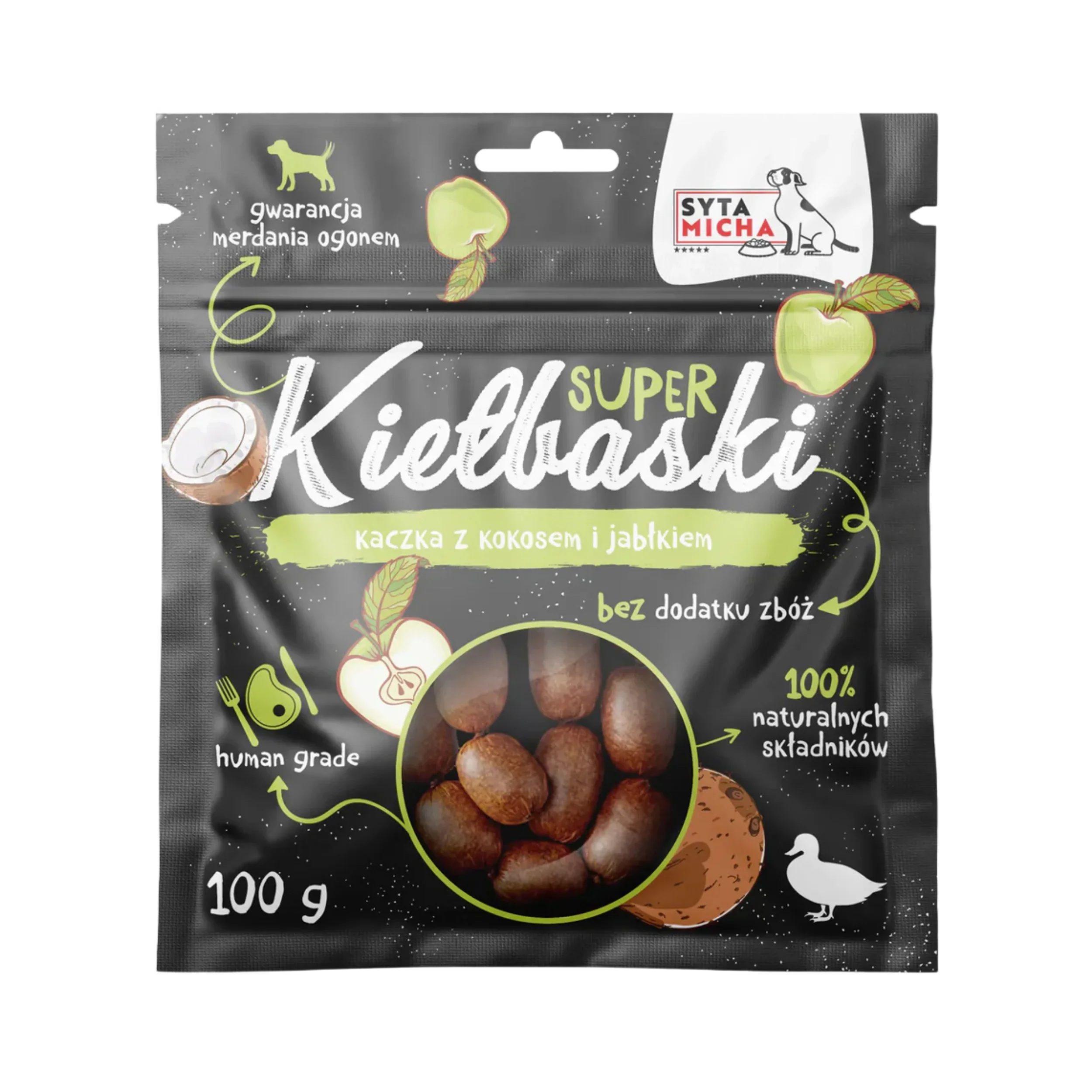 Duck and coconut dog treats with apple, grain-free, 100% natural ingredients, 100g pouch