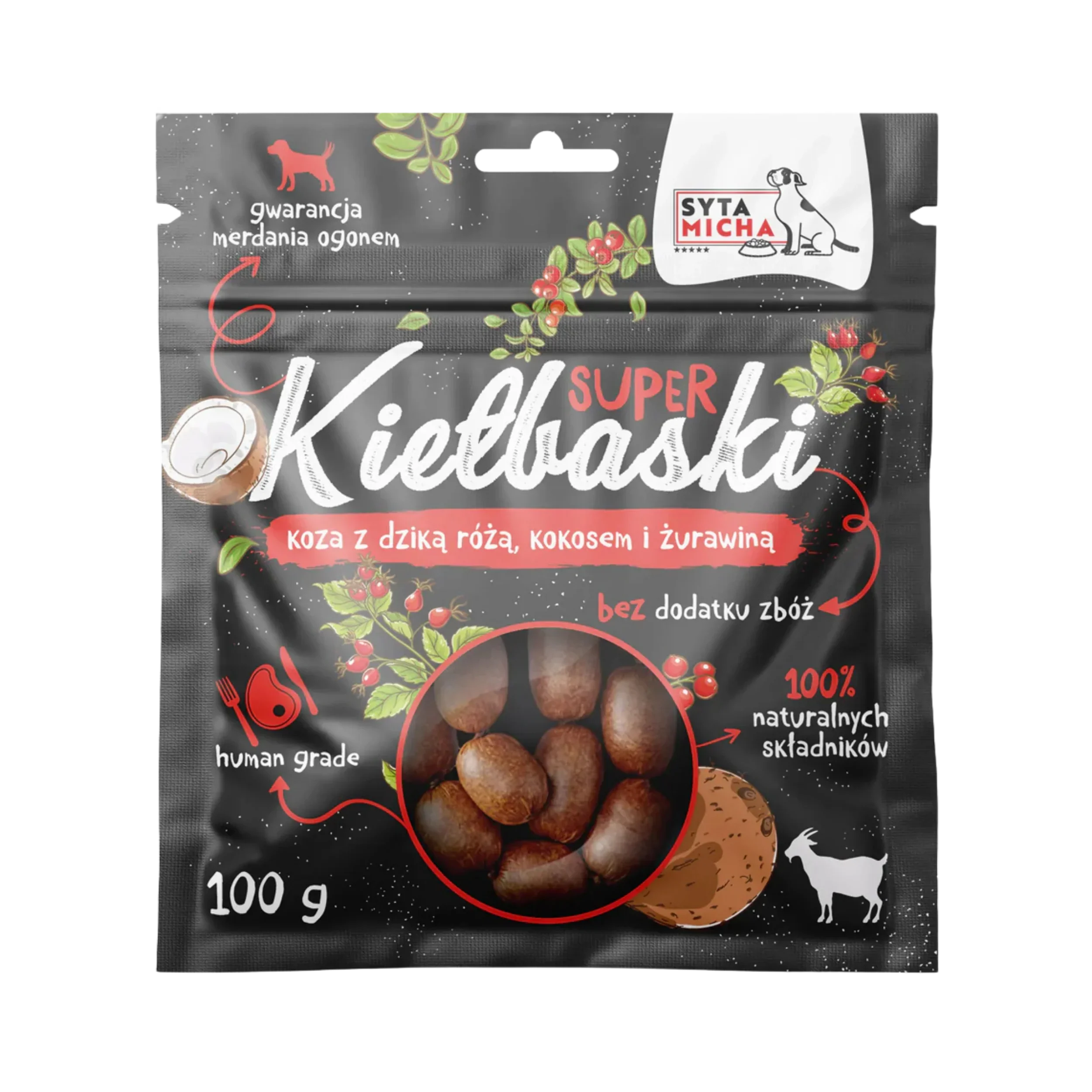 Goat sausage dog treats with wild rose, coconut, cranberry, 100g, grain-free, natural ingredients.