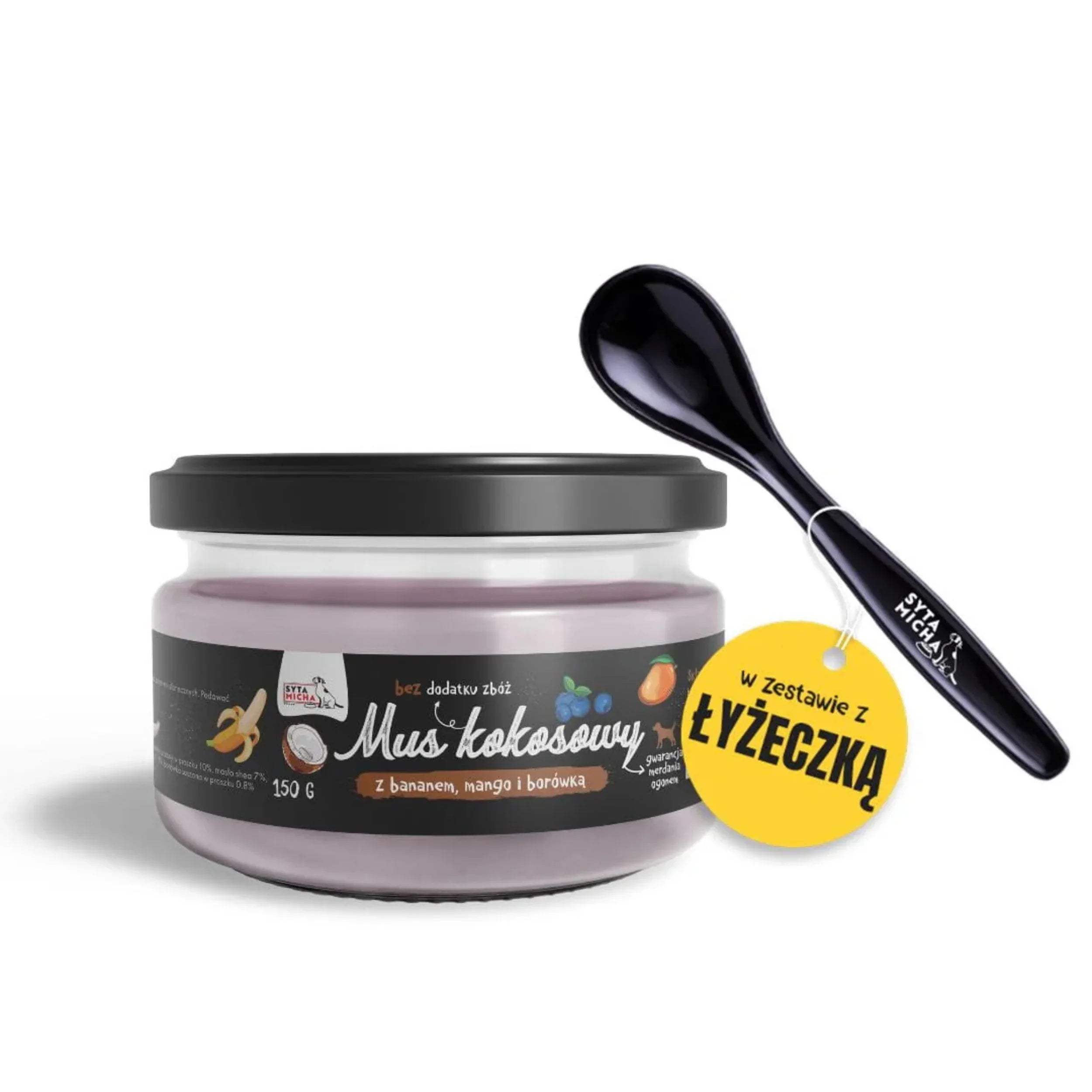 Coconut mousse for pets with banana, mango, blueberry in a jar, includes a black spoon.