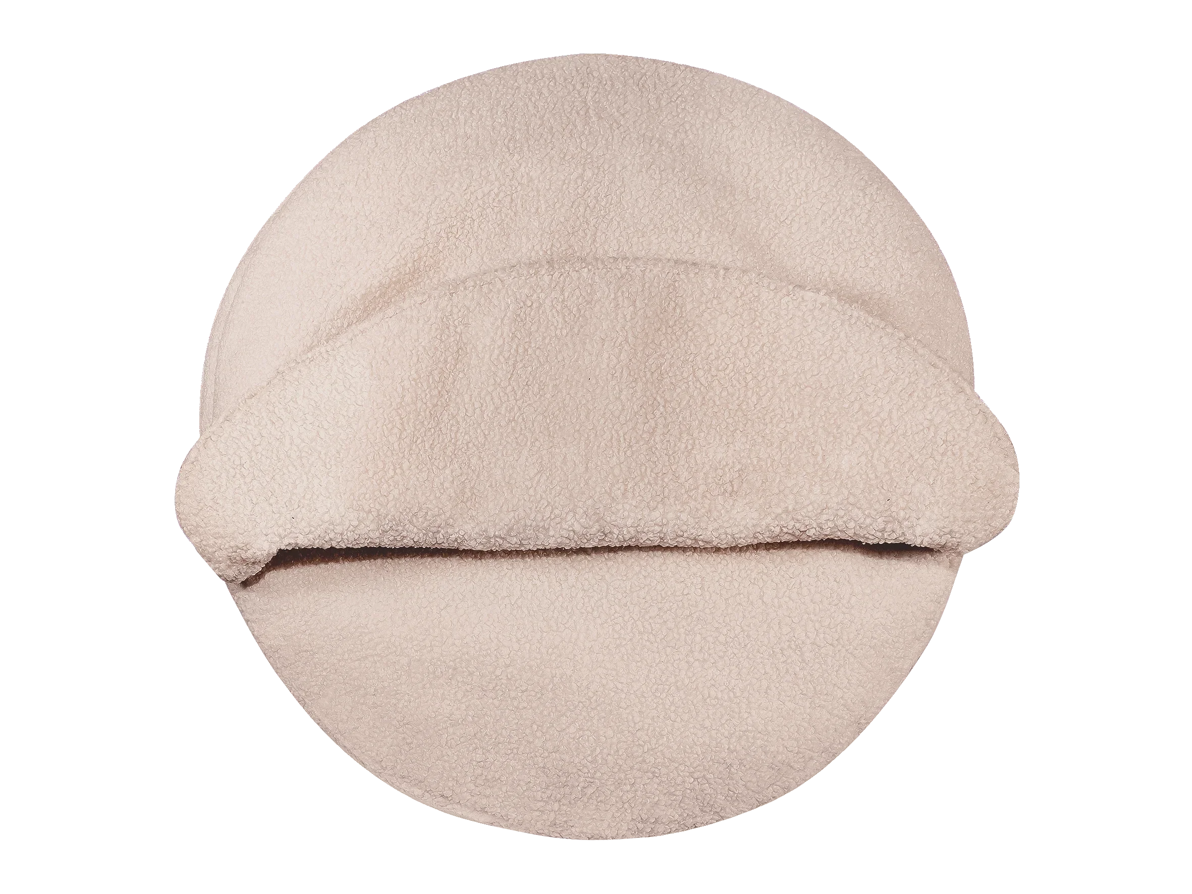 Beige round fleece pet bed with cozy cover for dogs and cats, isolated on black background