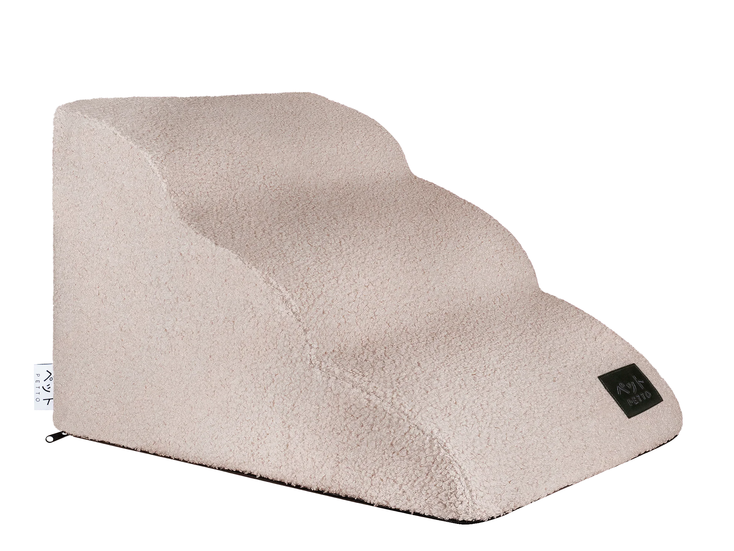 Beige three-step pet stairs with soft textured fabric, ideal for dogs and cats