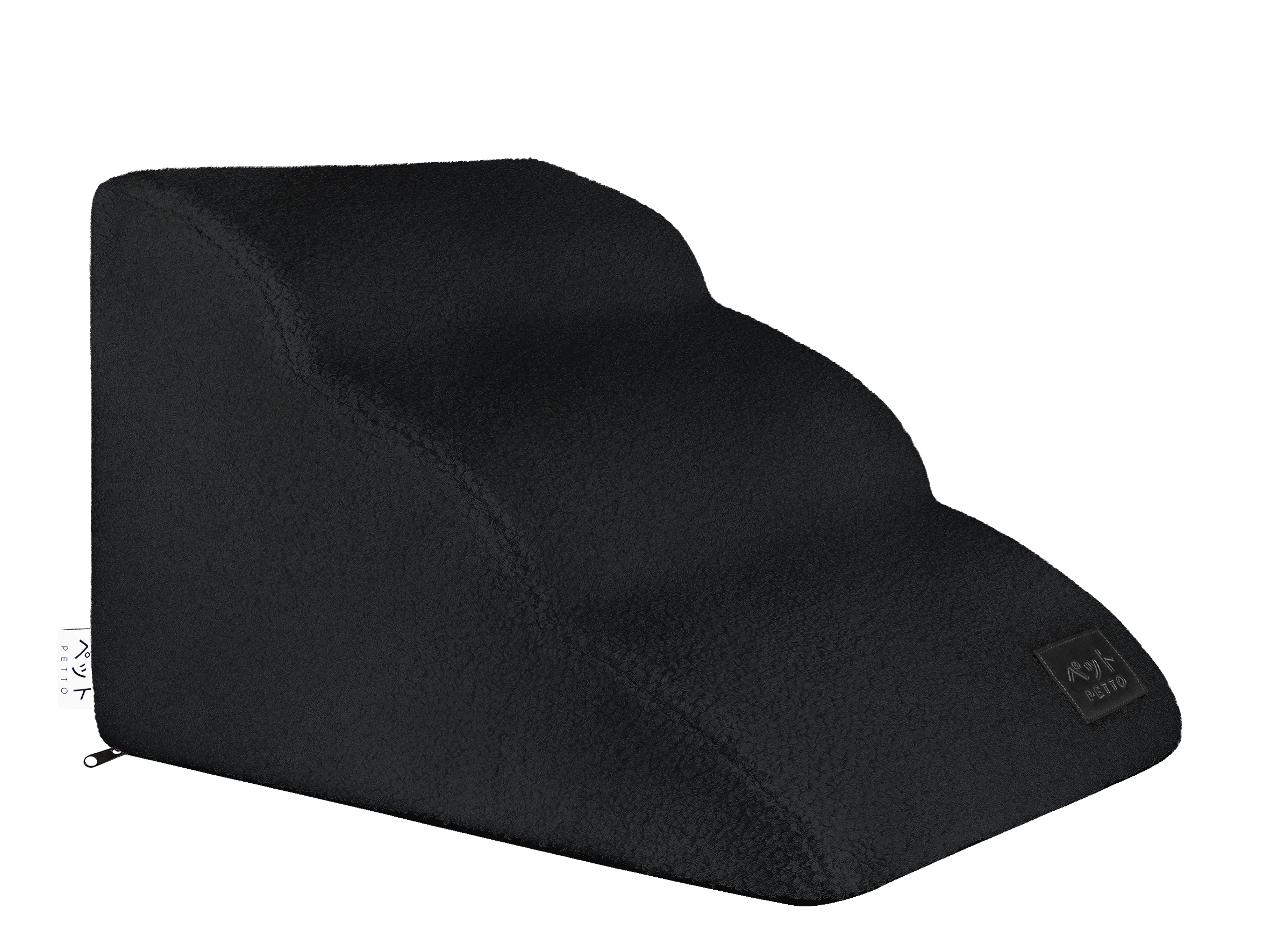 Black pet stairs with three wavy steps, soft fabric cover, side label, isolated on white