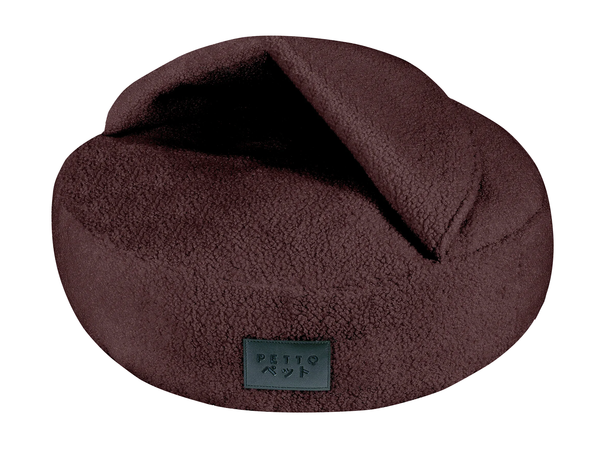 Brown fleece round pet bed with raised hooded cover, cozy design, front label visible