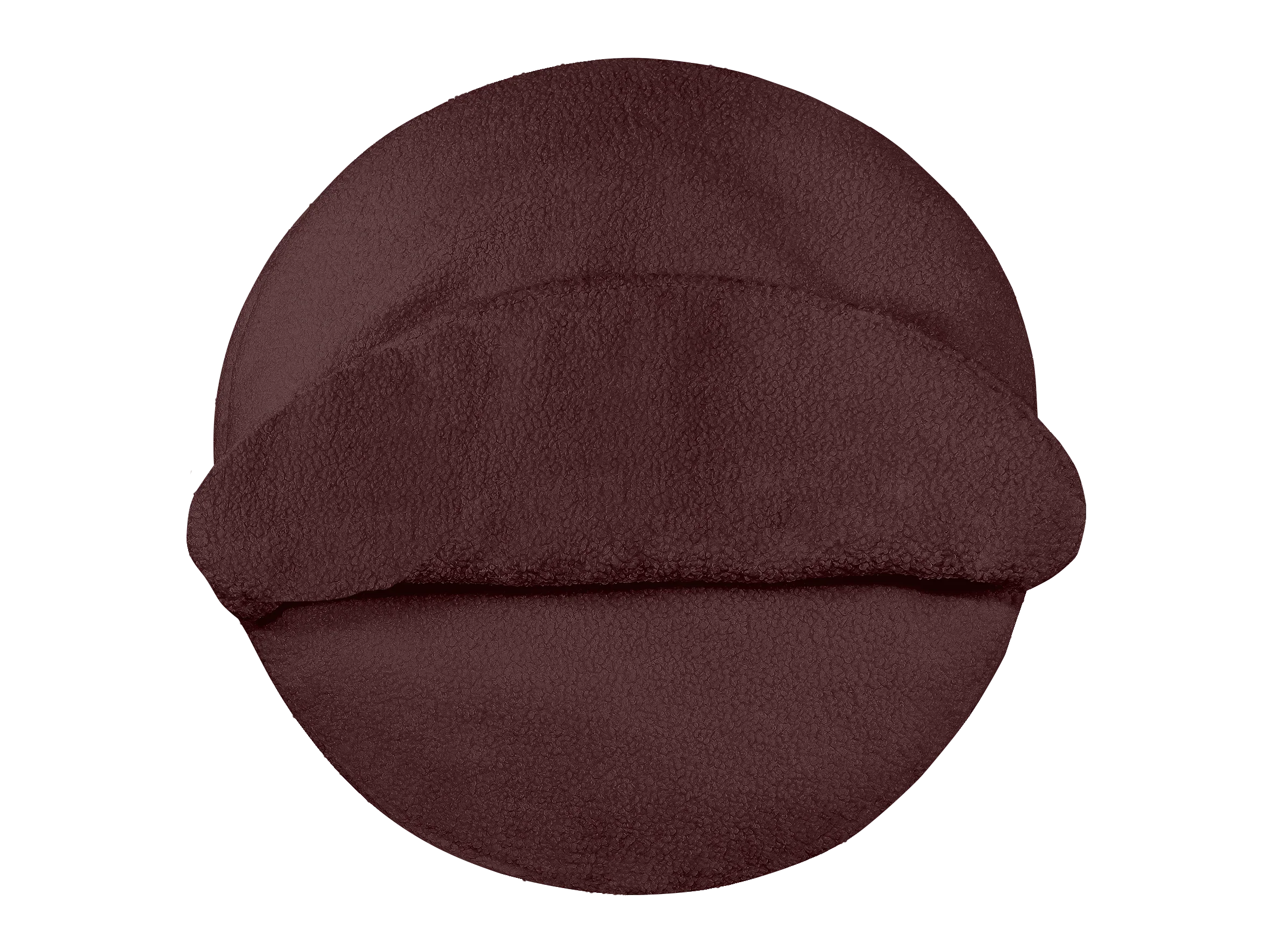 Round plush burgundy pet bed with soft raised cover for dogs or cats