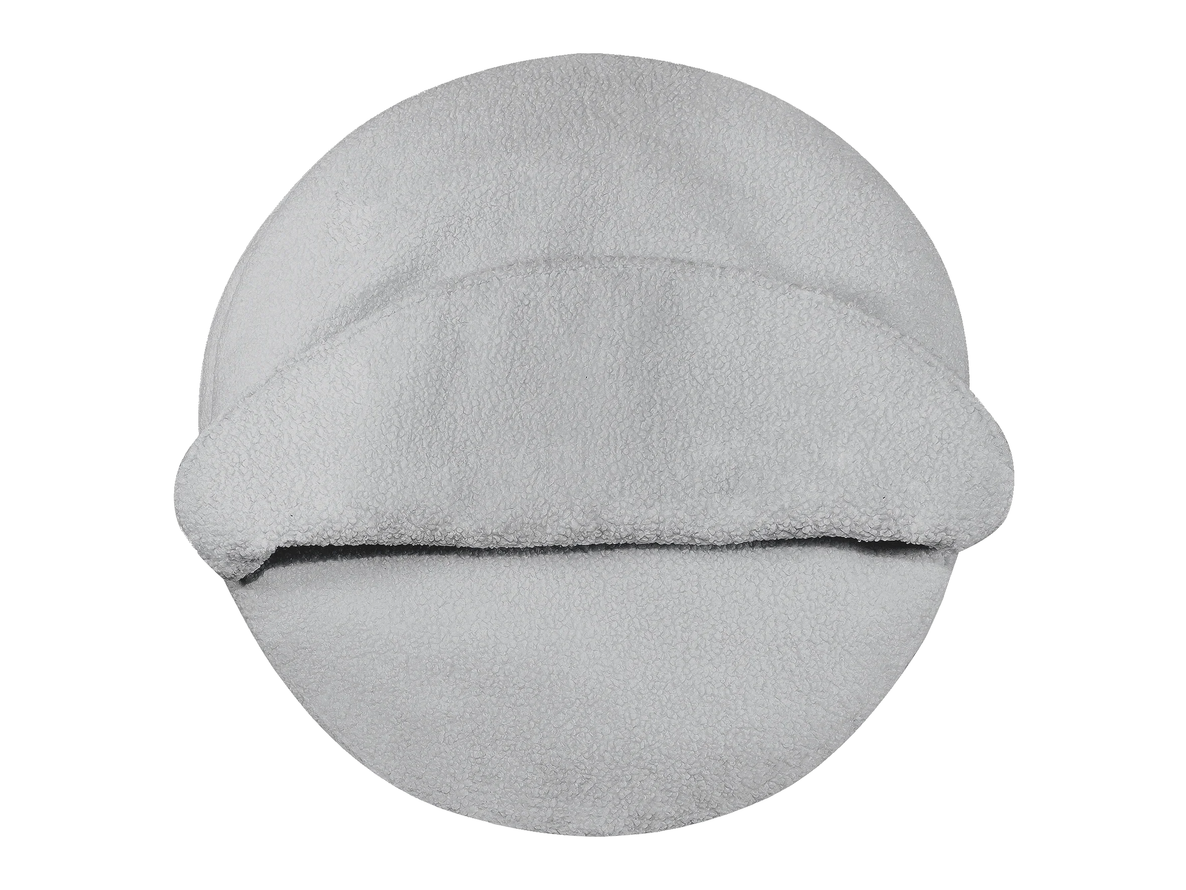 Round light grey fleece pet bed with a hooded cover on a black background