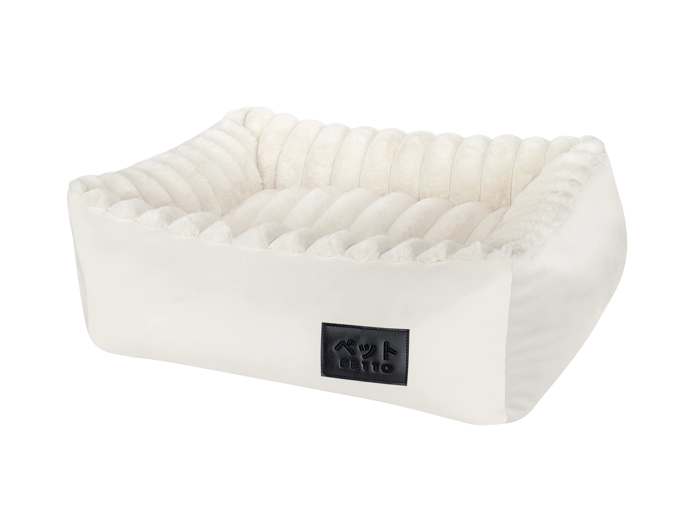 White velvet pet bed with soft, plush sides and ribbed cushion for dogs or cats