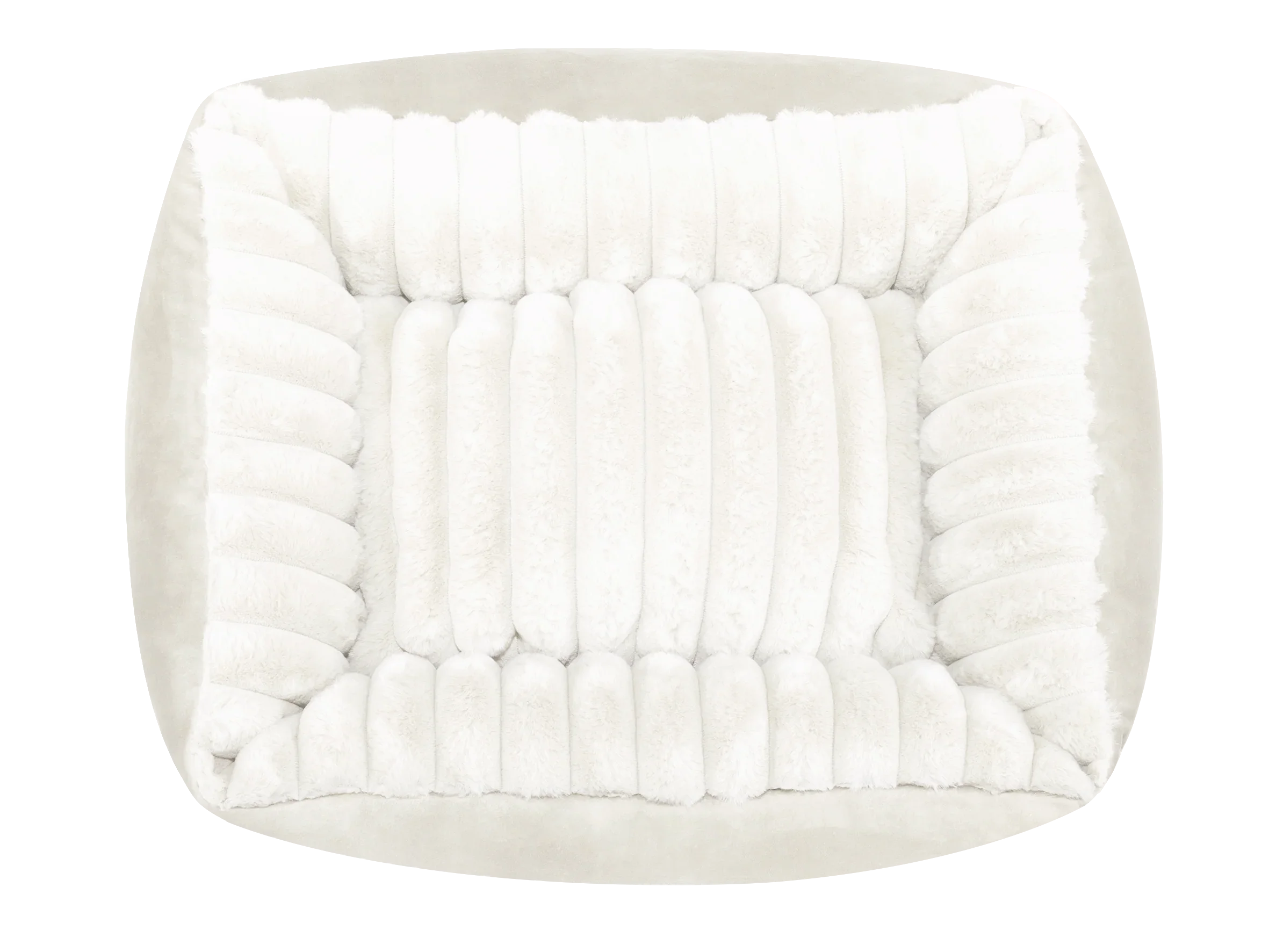 White fluffy rectangular dog or cat bed with soft padded sides, top view