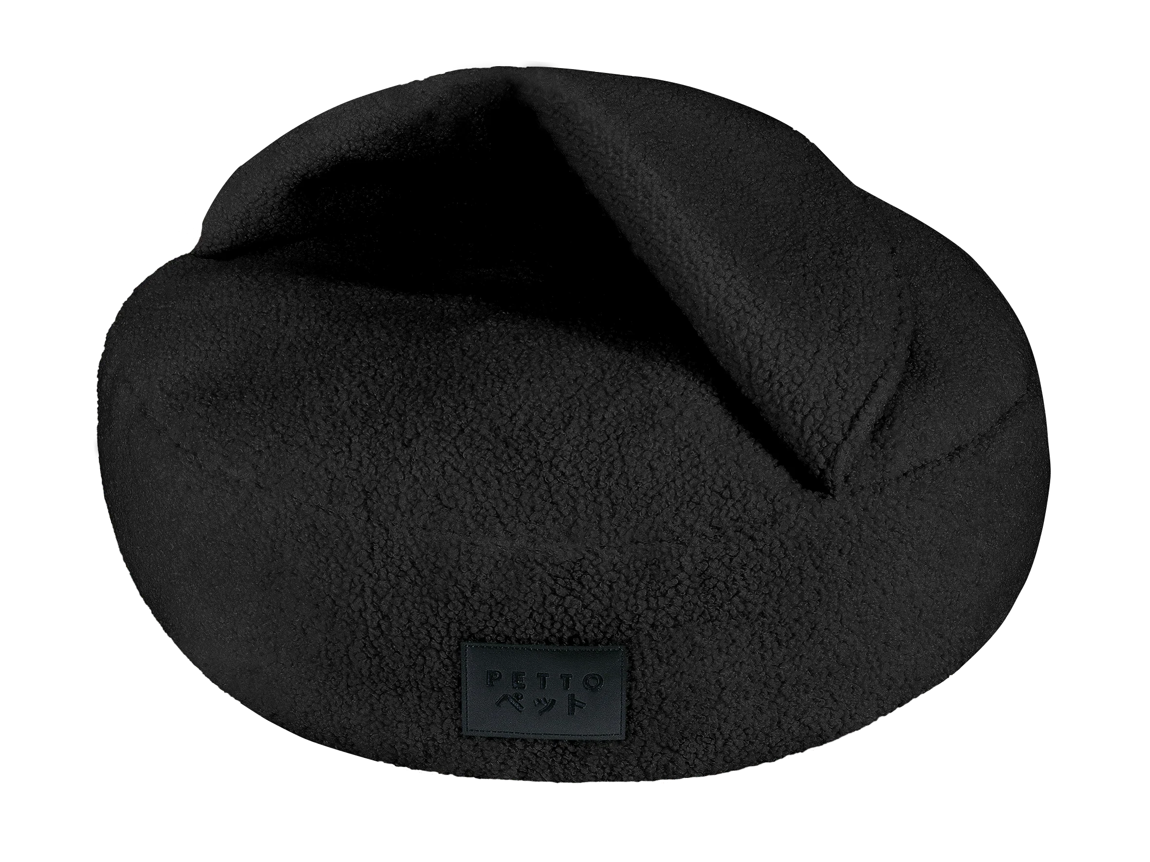 black fleece cat or dog bed with cozy hooded design, comfortable pet sleeping accessory