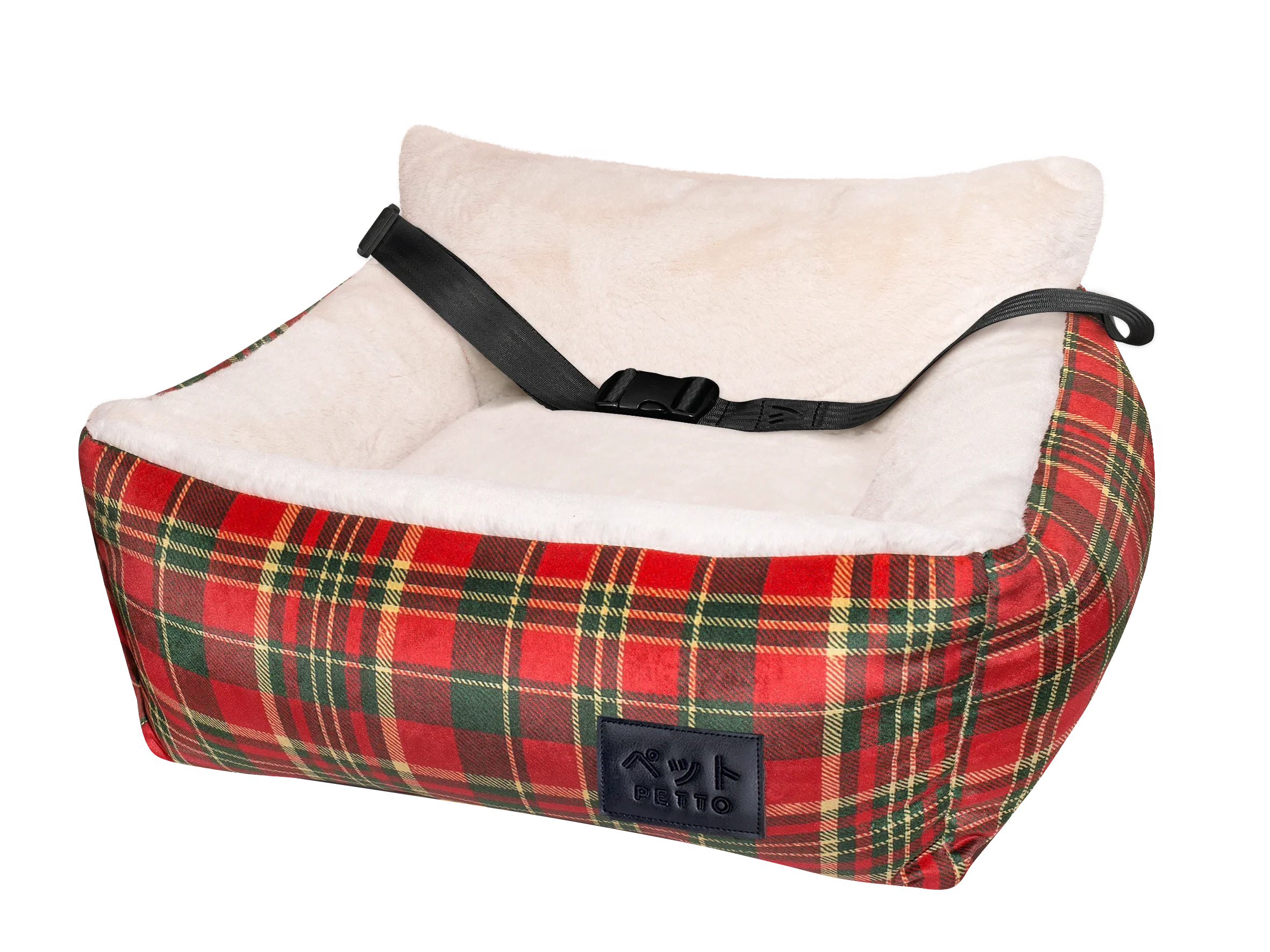 Red tartan pet car seat with cream plush interior and safety strap for dogs or cats
