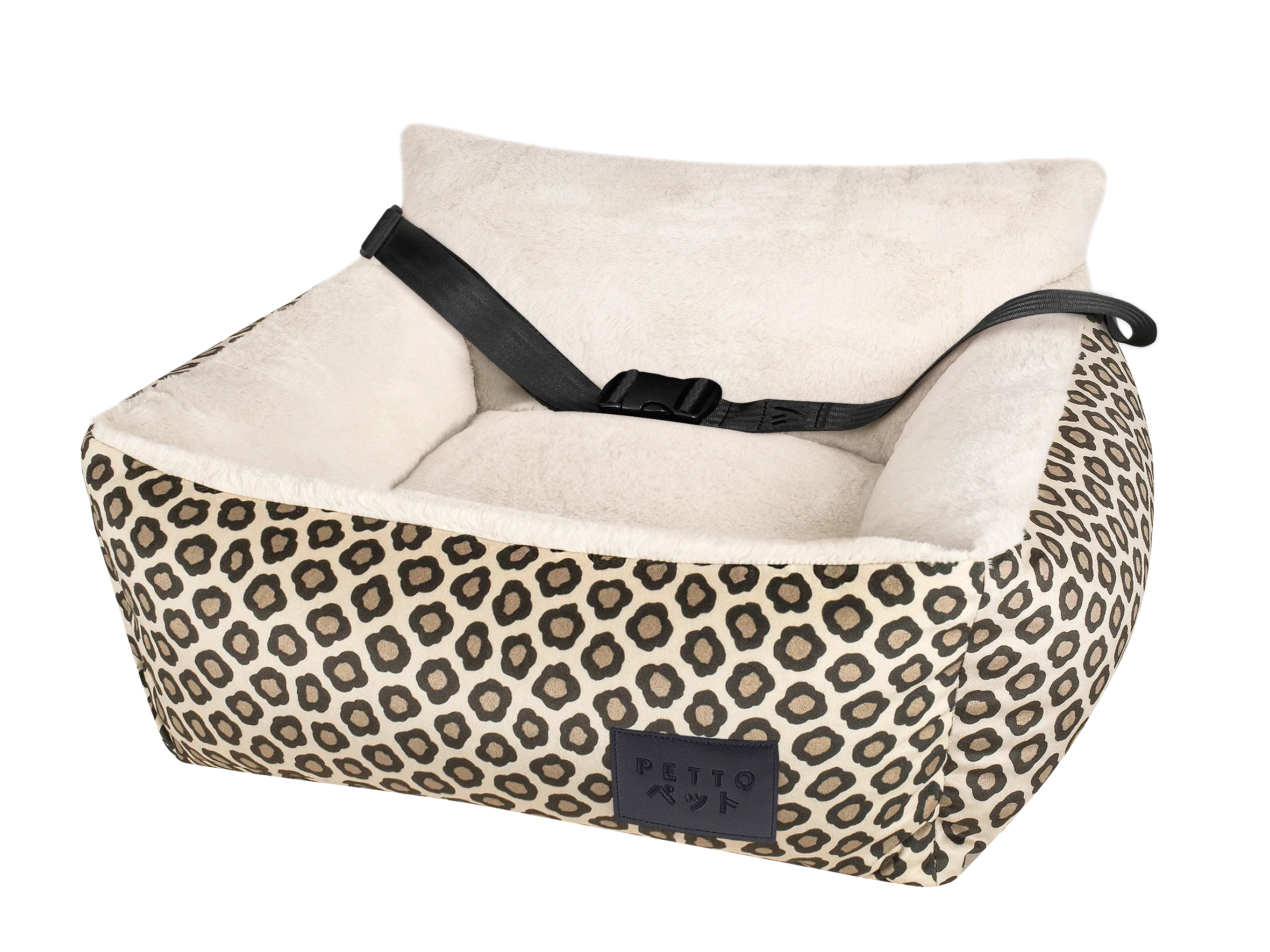 Plush pet car seat with beige floral pattern, secure strap, and soft cushion for dog or cat