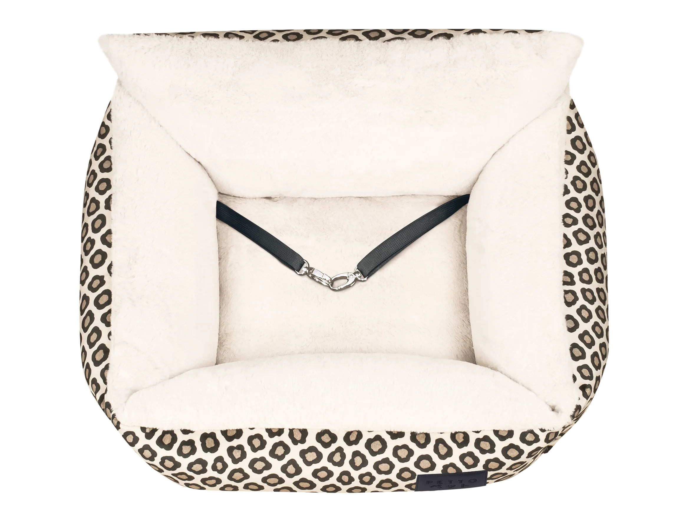 Plush pet bed with beige floral print sides, soft cream interior, and safety strap for dogs or cats