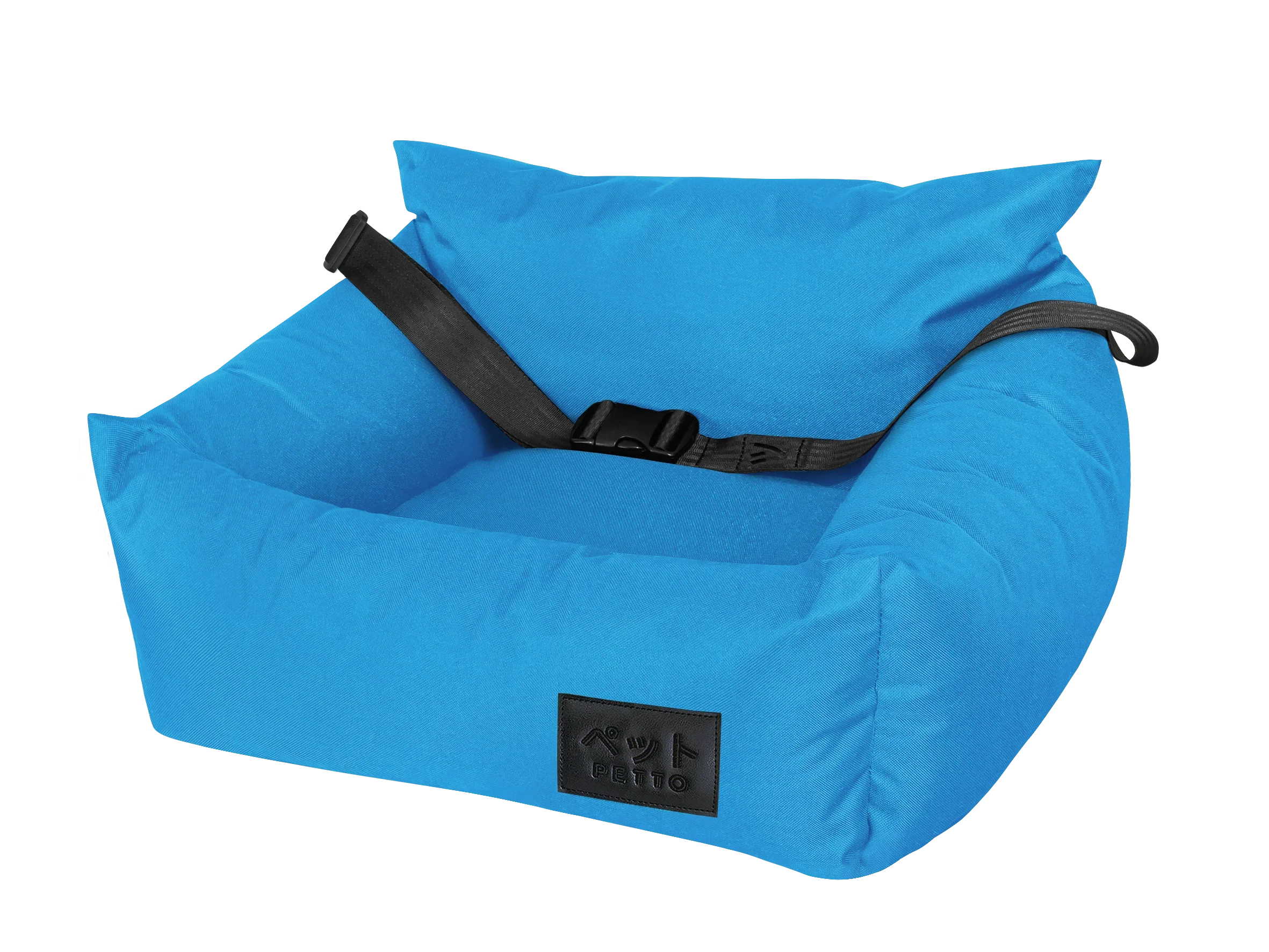 Blue pet car seat with safety belt, cushioned sides, and a black label on the front