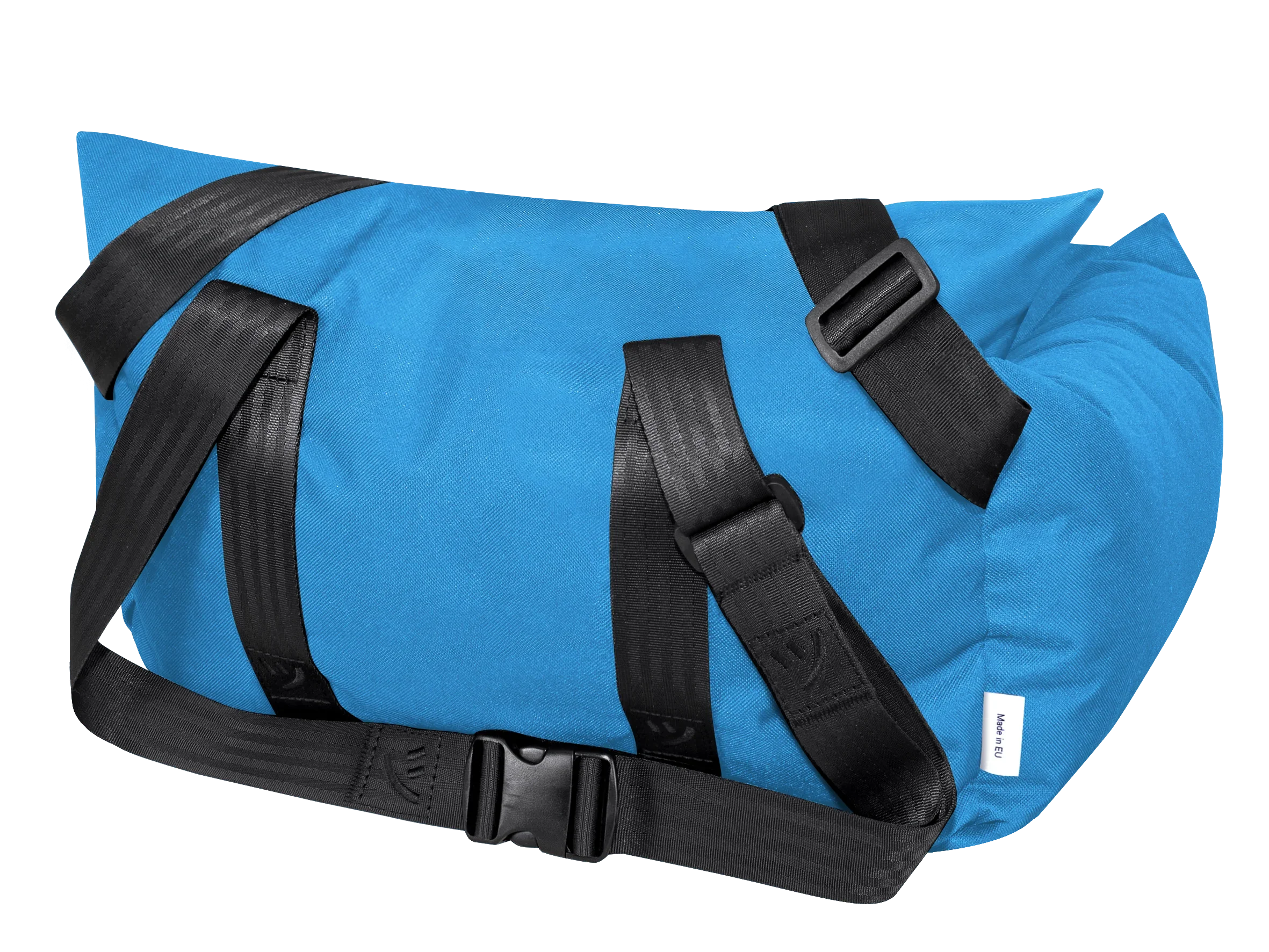 Blue pet car seat with black adjustable safety straps for dogs and cats