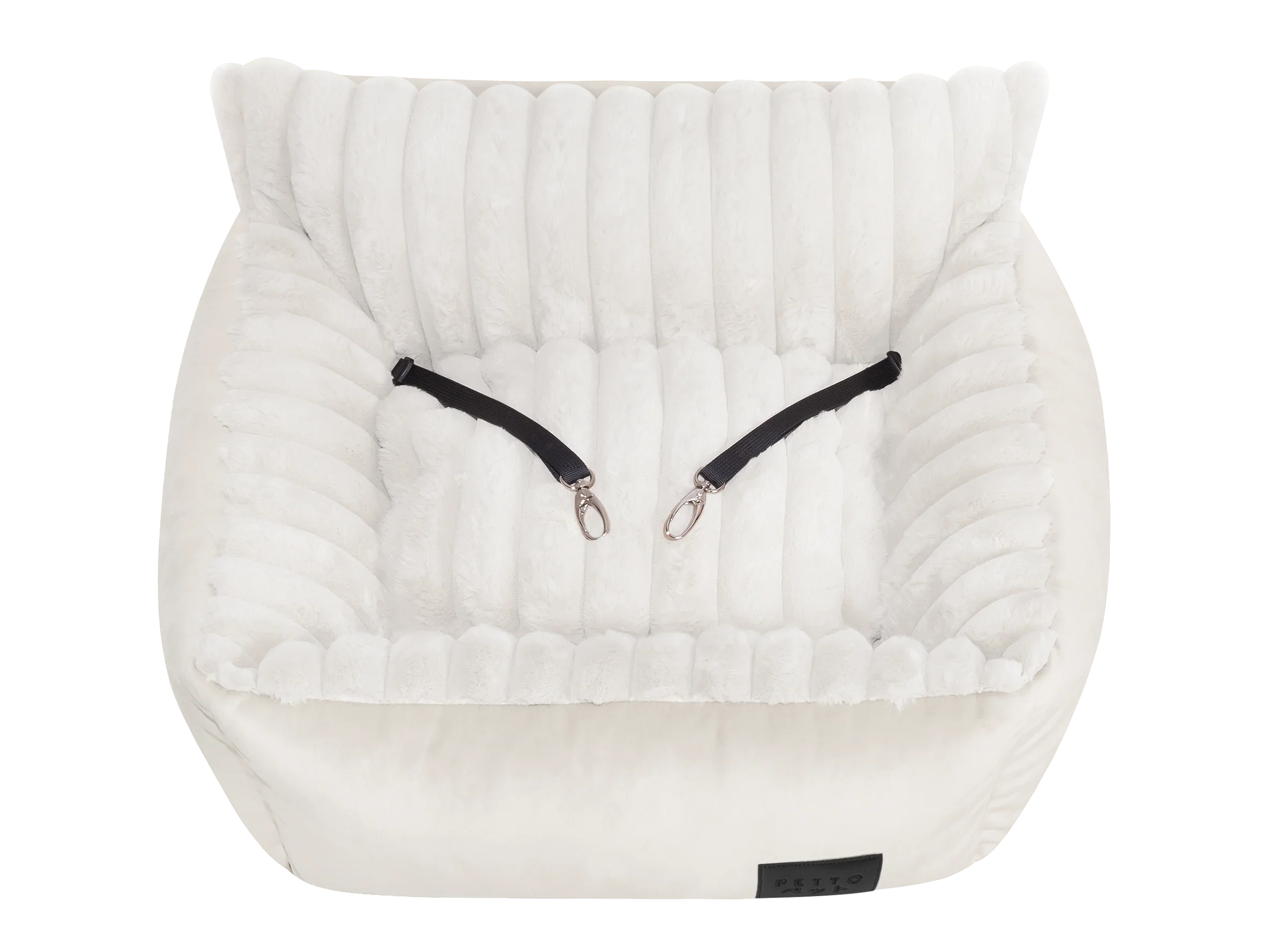 Plush white pet car seat with safety straps and quilted soft sides for dogs or cats