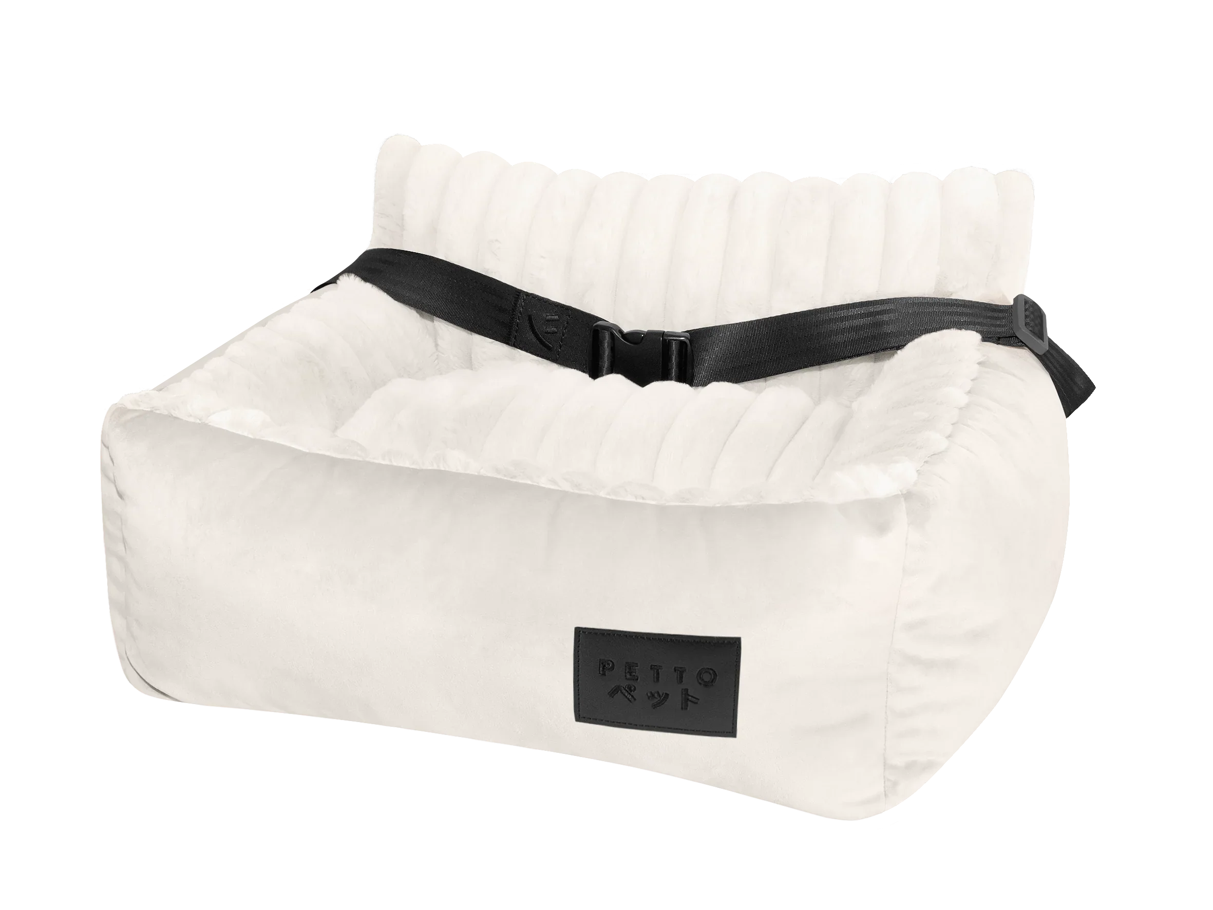 White fluffy pet car seat with harness and quilted sides for dogs and cats