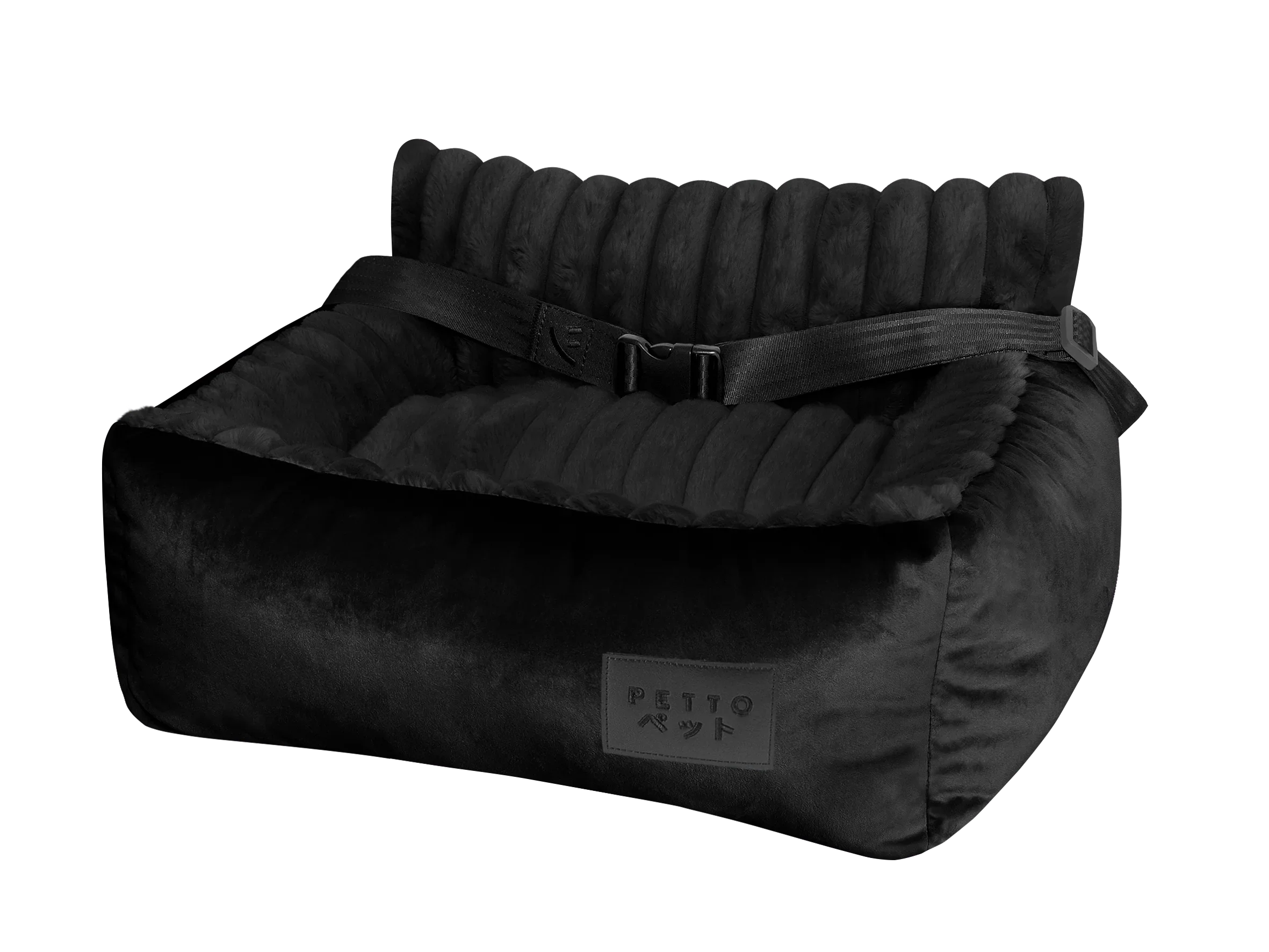 Black plush pet car seat with safety strap, soft sides, and front label for dogs or cats