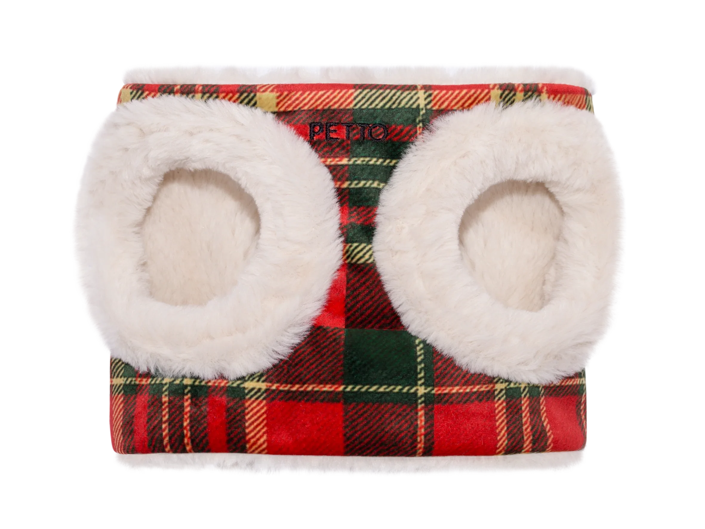 Plaid fleece dog or cat harness vest with soft white lining and two arm holes