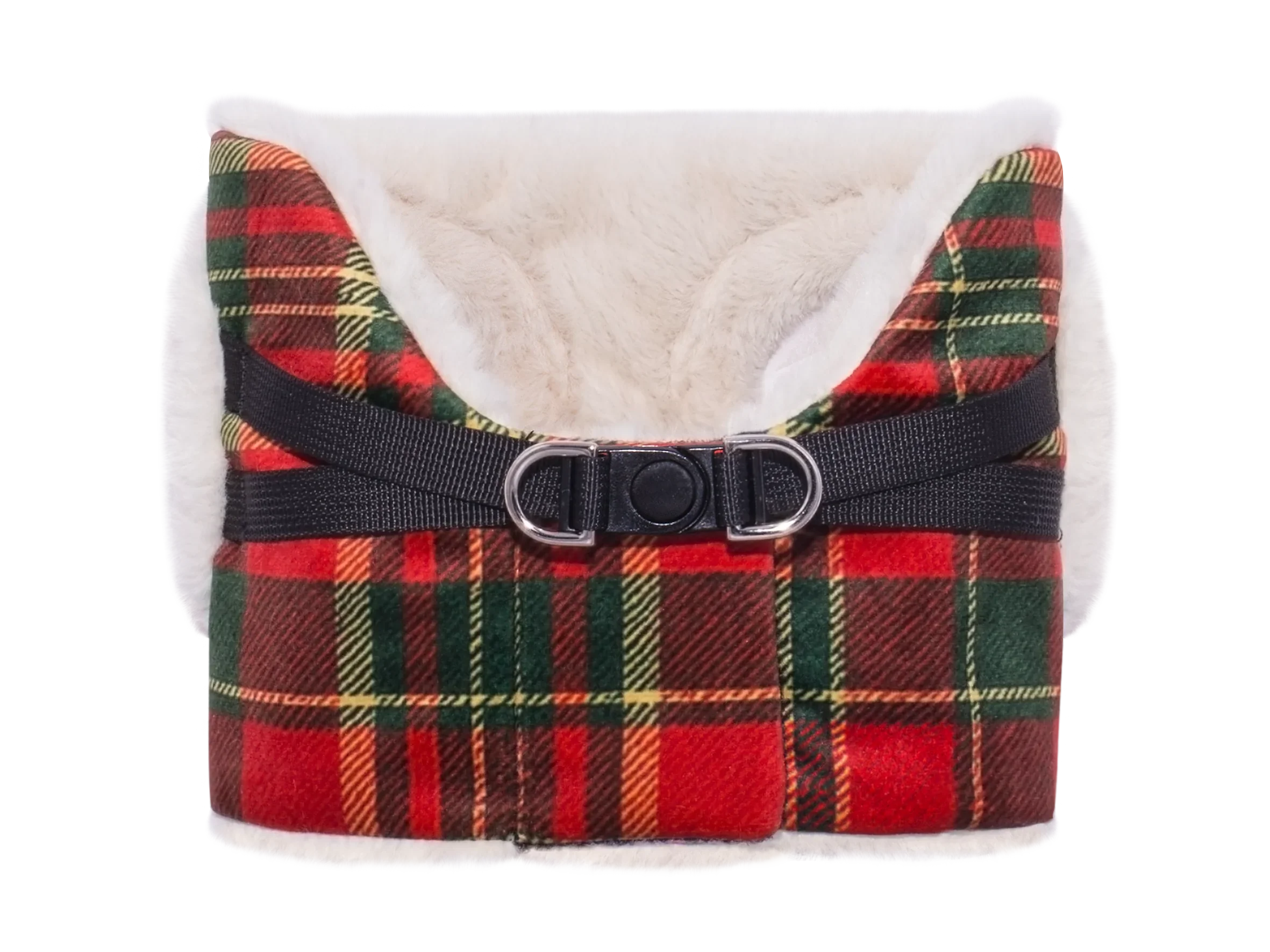 Plaid dog harness vest with red, green, and yellow pattern and soft white lining