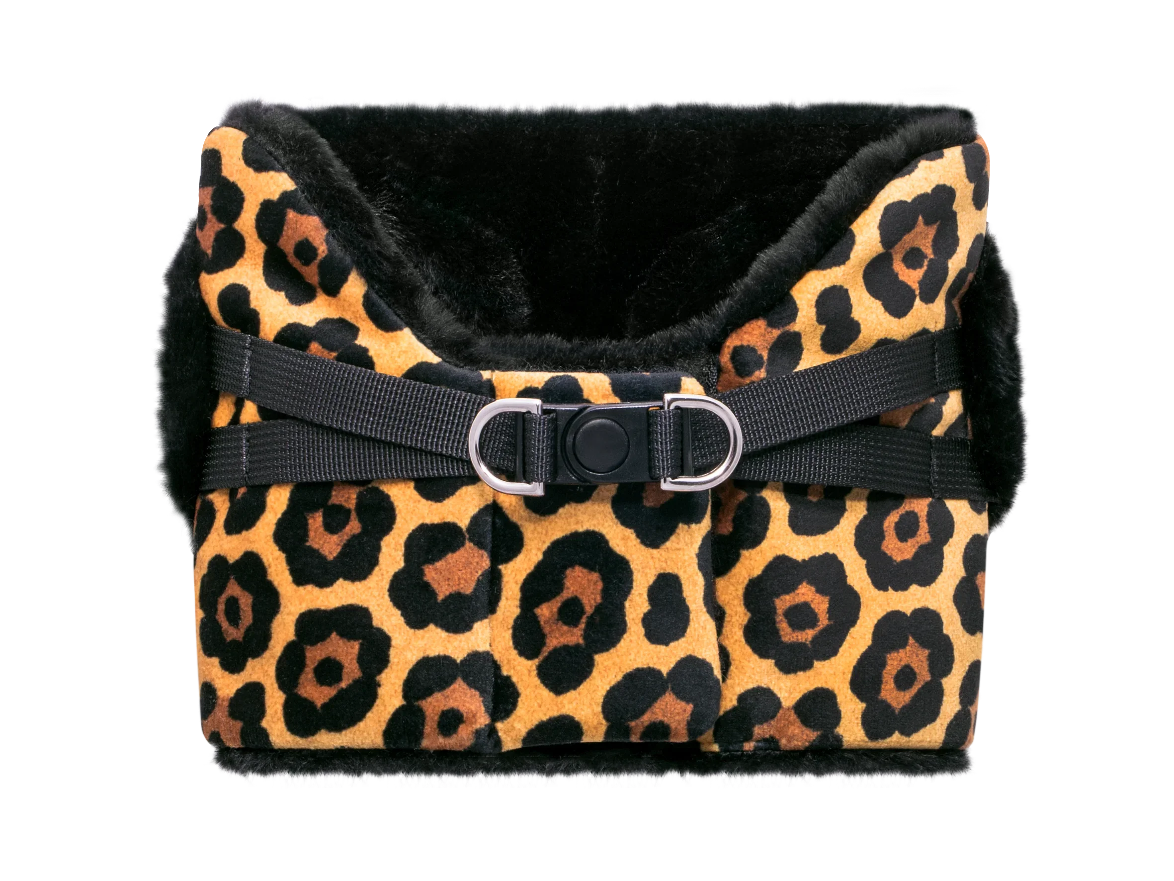 Leopard print dog or cat harness vest with plush black lining and adjustable straps