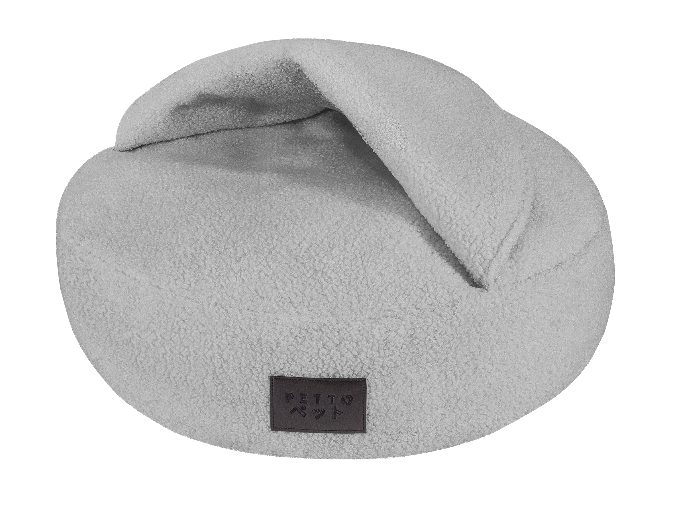 Soft gray round pet bed with raised cover, cozy fleece material, label on front