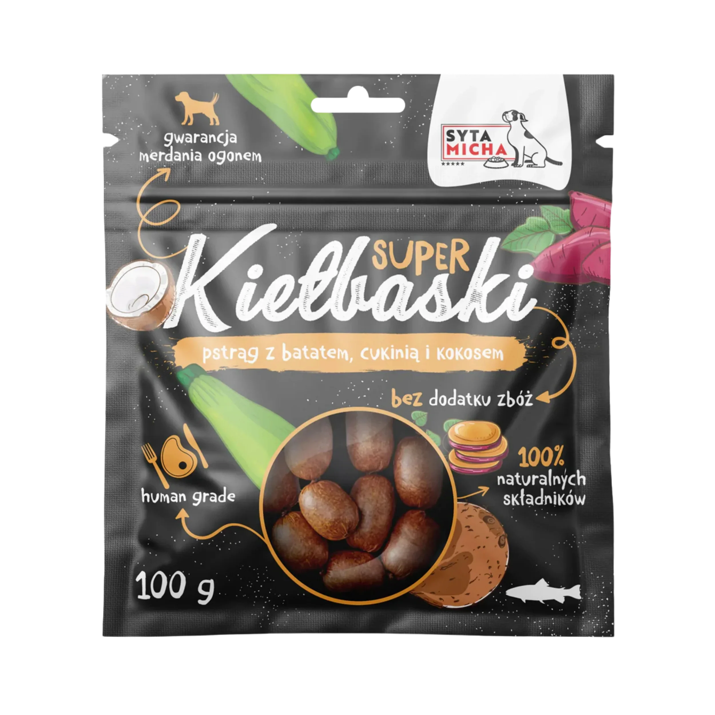 Dog treat packaging with trout, sweet potato, zucchini, coconut; grain-free, 100g