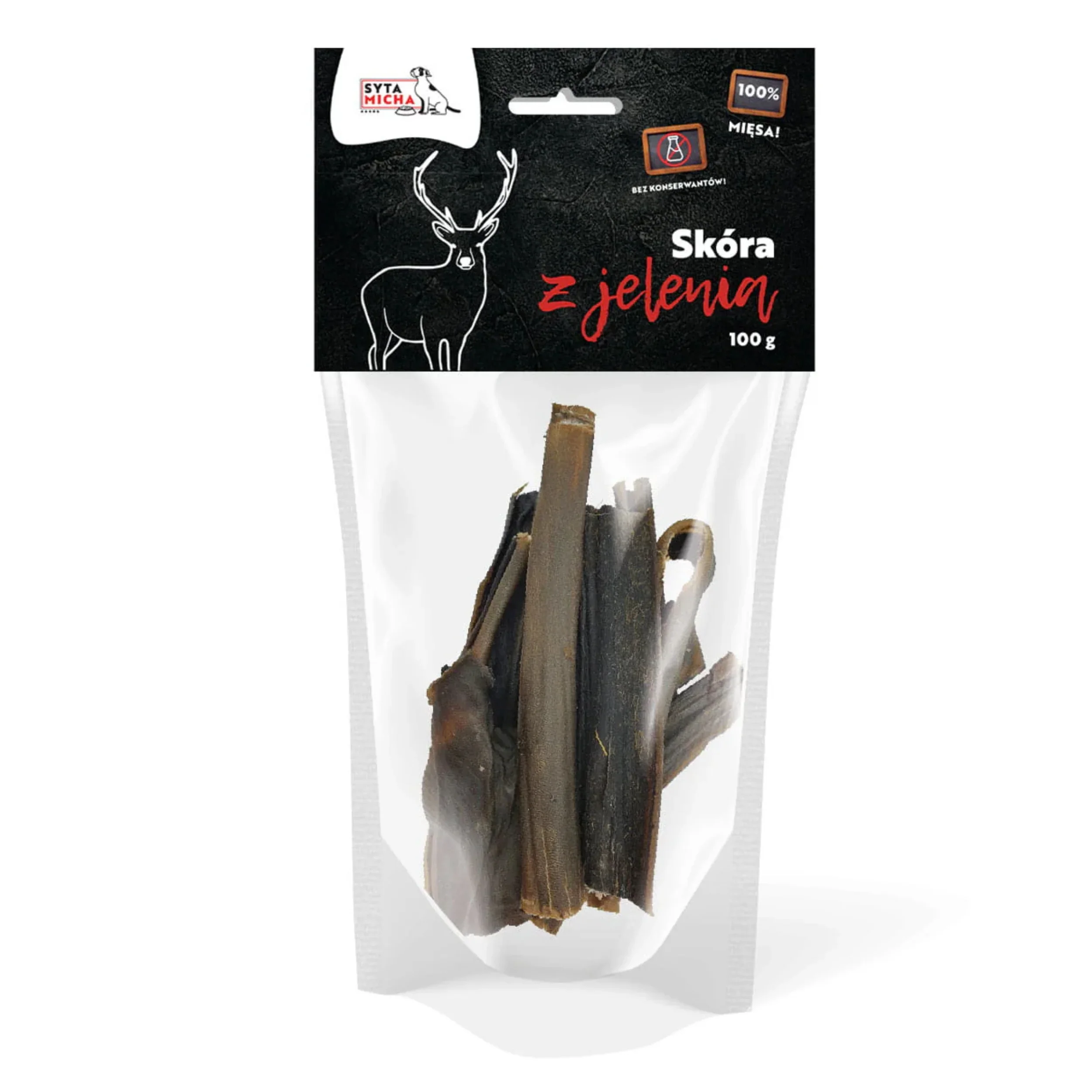 Deer skin dog chews in a clear resealable pouch, 100g pet treat packaging.