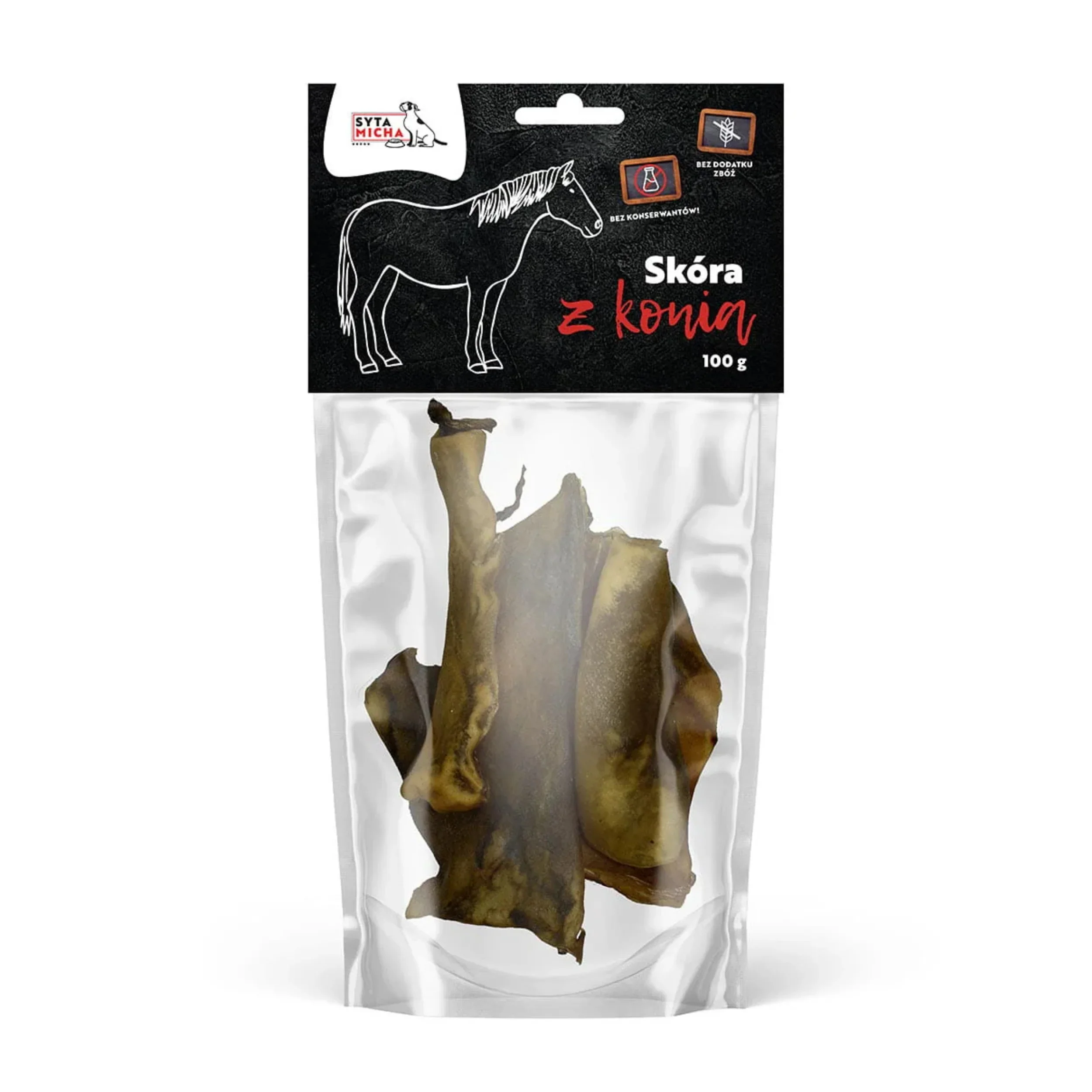 Natural dried horse skin dog chew in clear resealable 100g package
