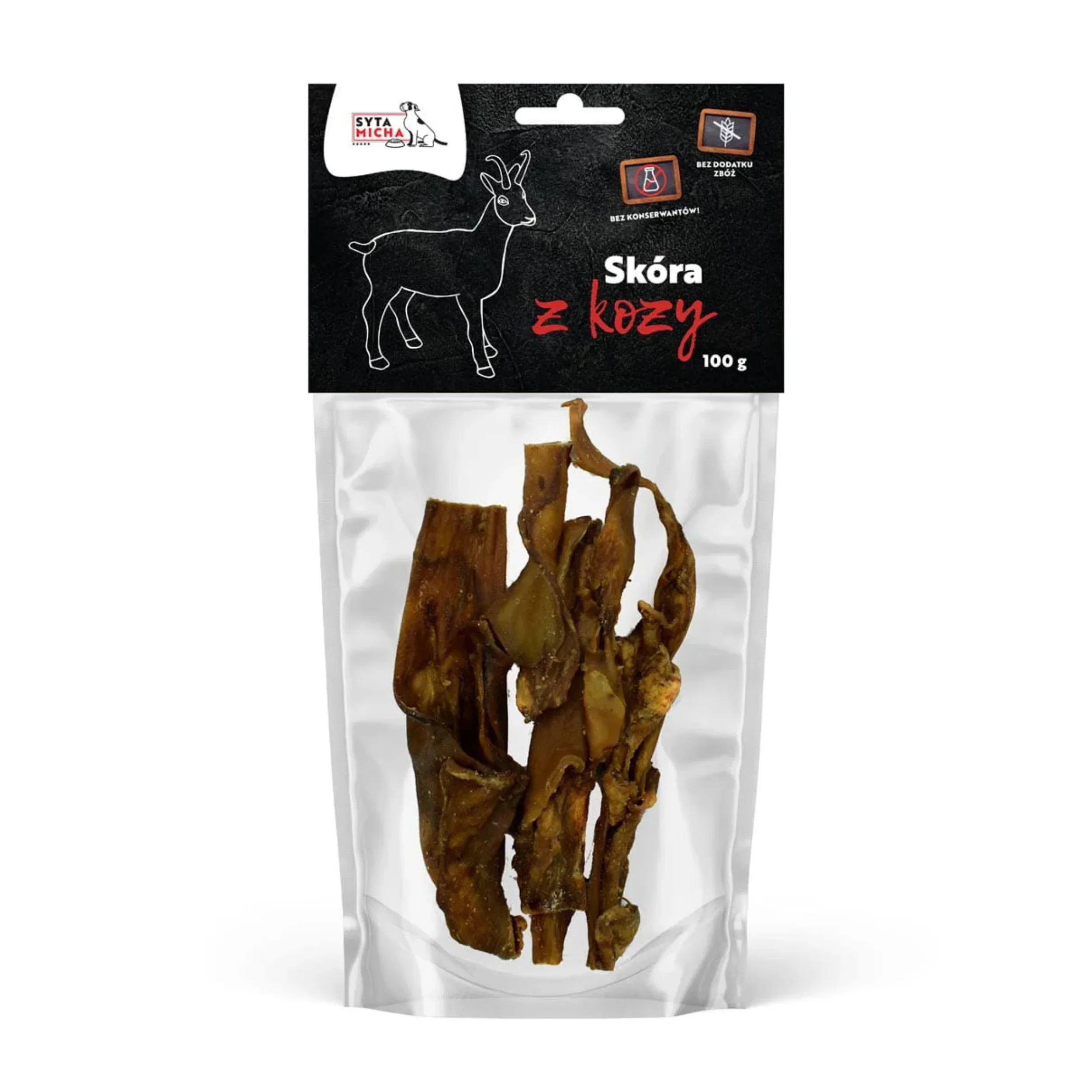 Dried goat skin dog chews in clear resealable pouch, natural pet treat, 100g pack.