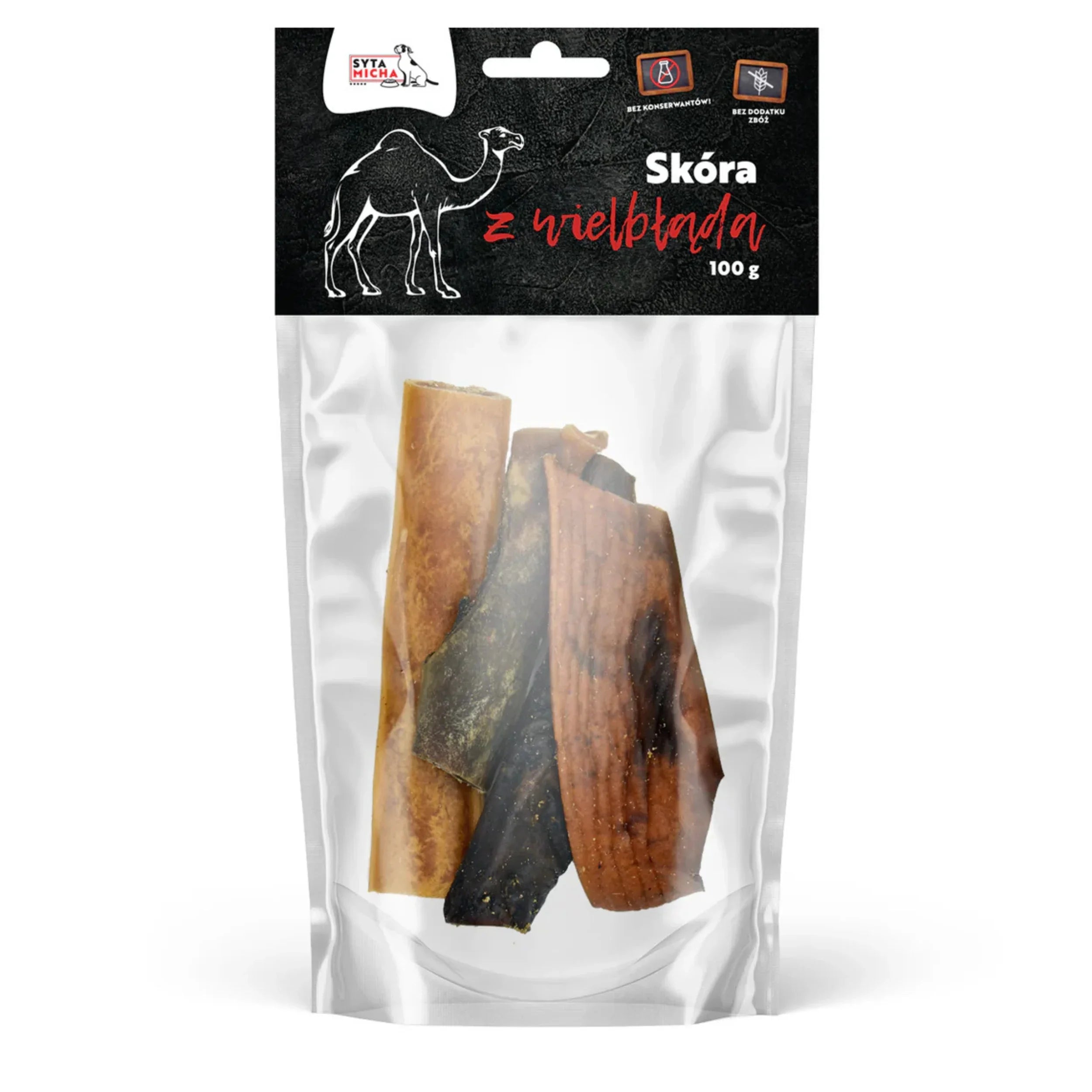 Camel skin dog chews in clear, resealable packaging, natural pet treat, 100g
