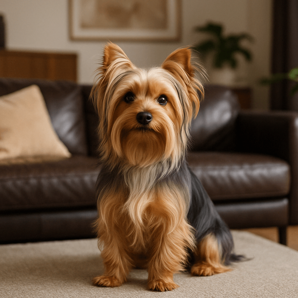 Australian Silky Terrier dog with long silky coat sitting on living room carpet